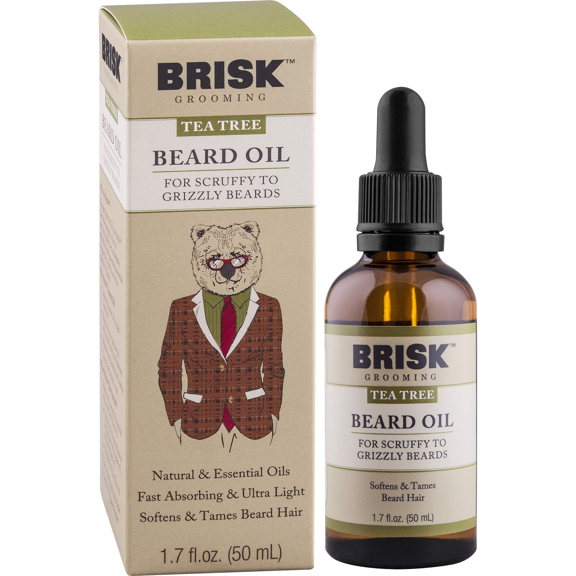 Brisk Grooming Tea Tree Beard Oil, Fast-absorbing Blend of Natural & Essential Oils Softens & Tames for a Beard that Looks & Fee
