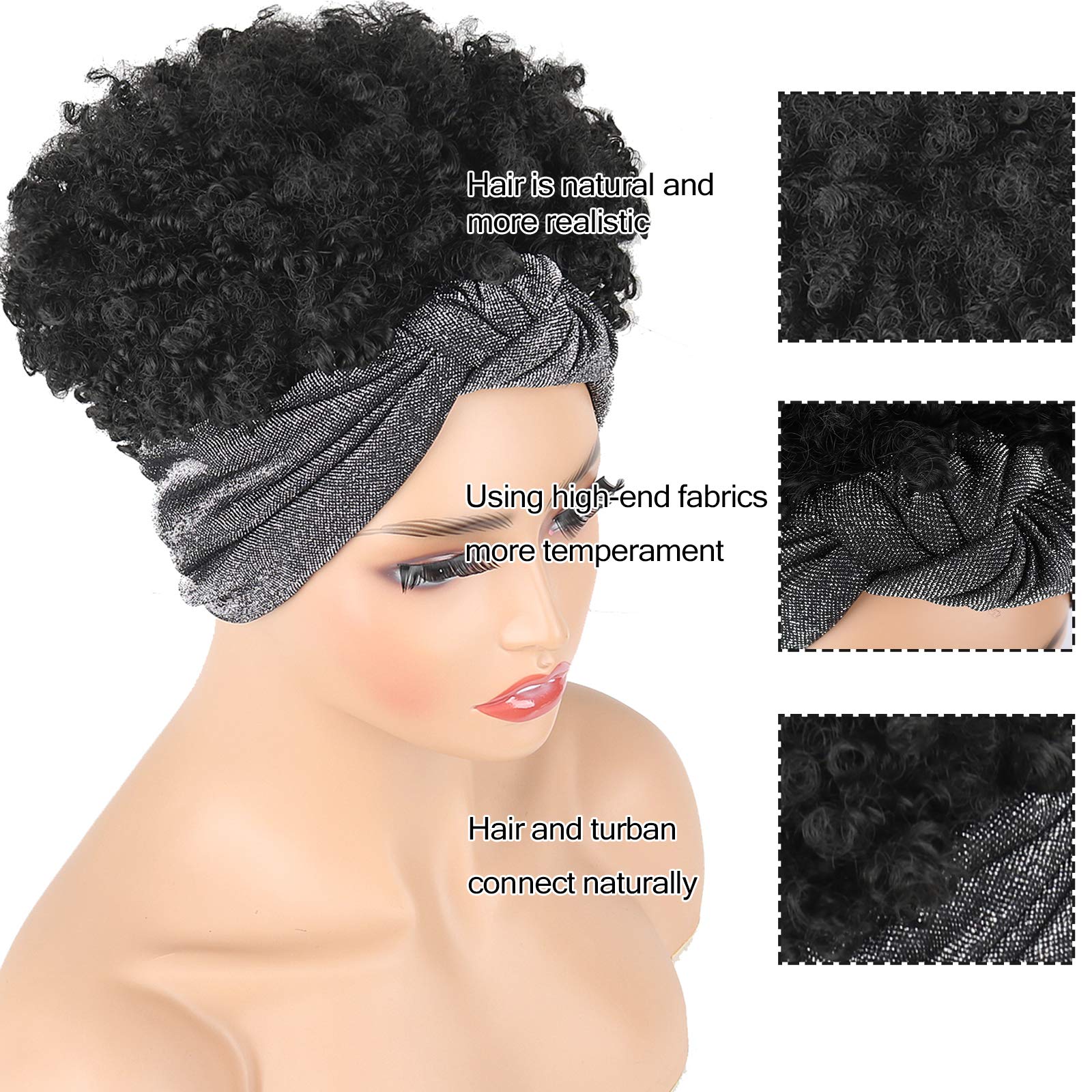 Aisaide Headband Wigs For Black Women Scarf Wigs, Short Kinky Curly Headband Black Wigs With Headband Attached Black Womens Wig