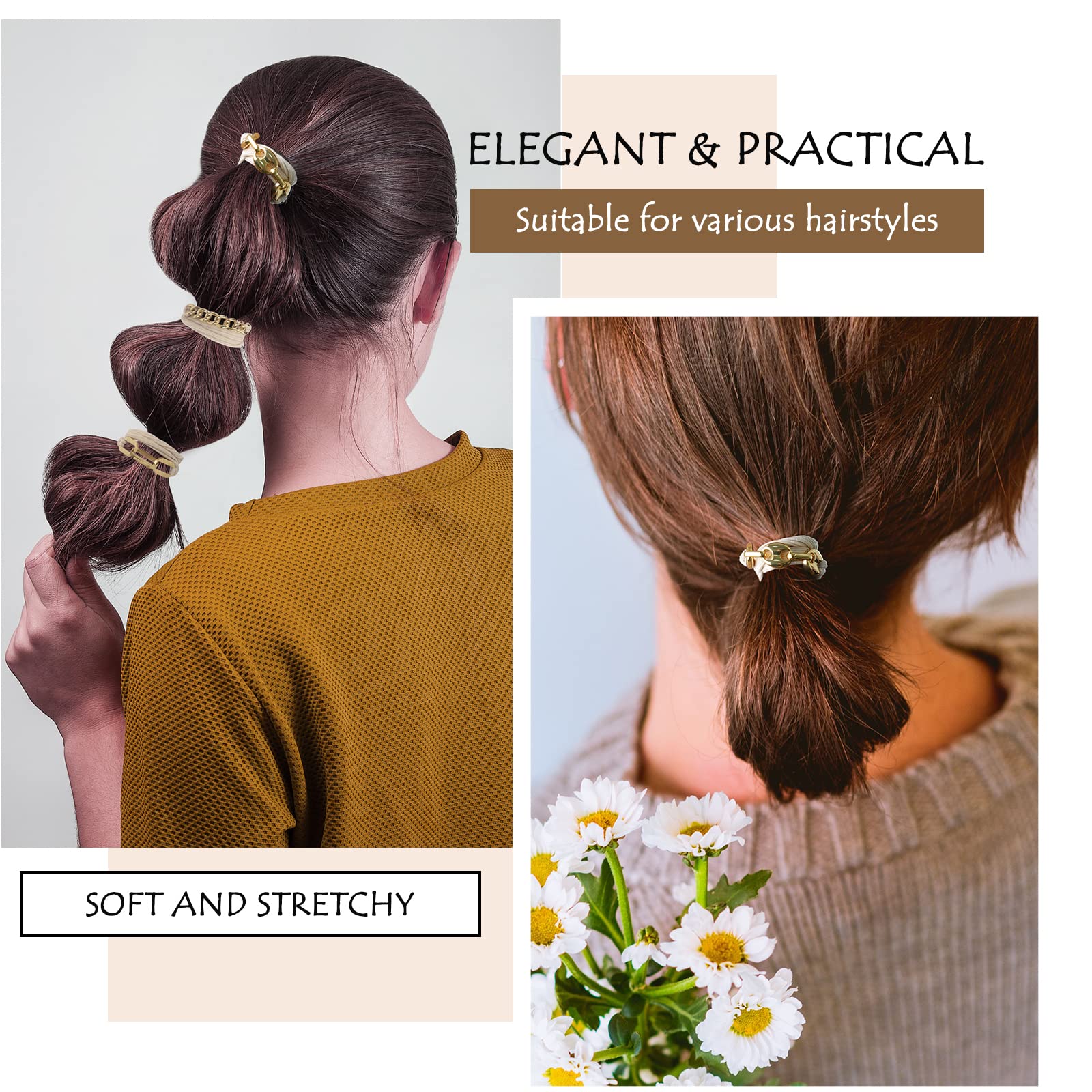 Tucewp Hair Tie Bracelets For Women 3 Pcs Gold, Silver, Beige - Hair Ties For Thick Hair With Elastic - Cute On Your Wrist And G