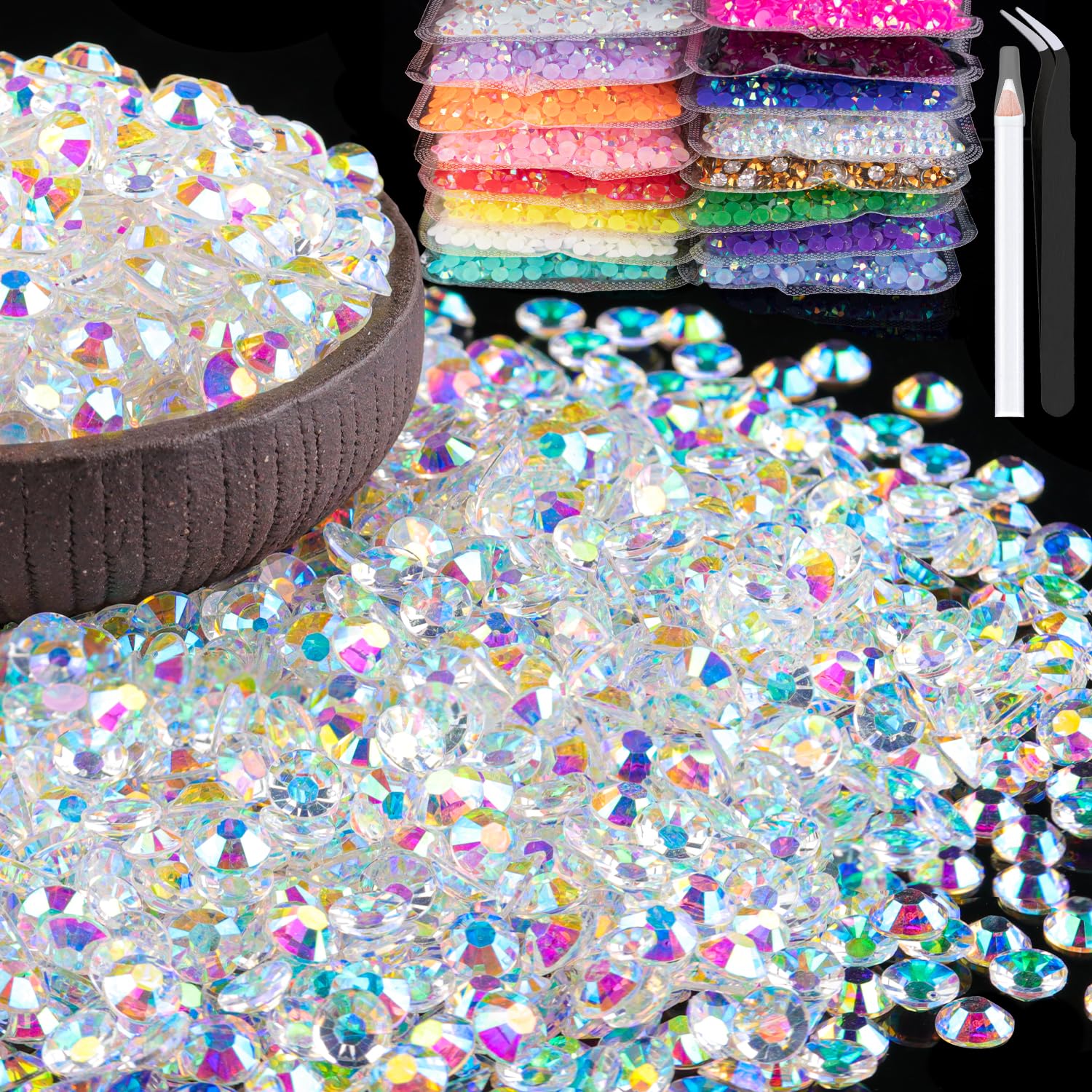 8000pcs 3mm Resin Rhinestones Bulk, Transparent AB Flatback Round Jelly Rhinestones Bedazzling Non Hotfix Crystal Gems Large Qua