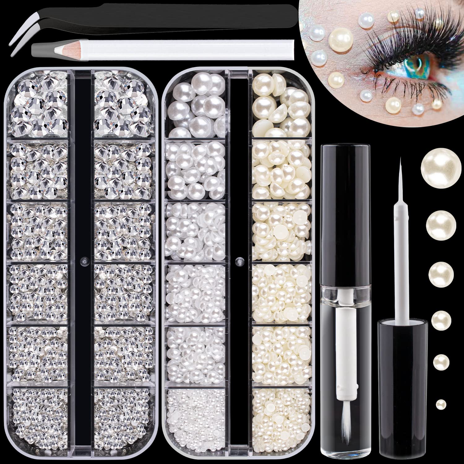 Flat Back Rhinestones&Pearls Kits Round Glass Crystal Transparent White Gems+White&Beige Pearls With Quick Dry Makeup Glue+Picke