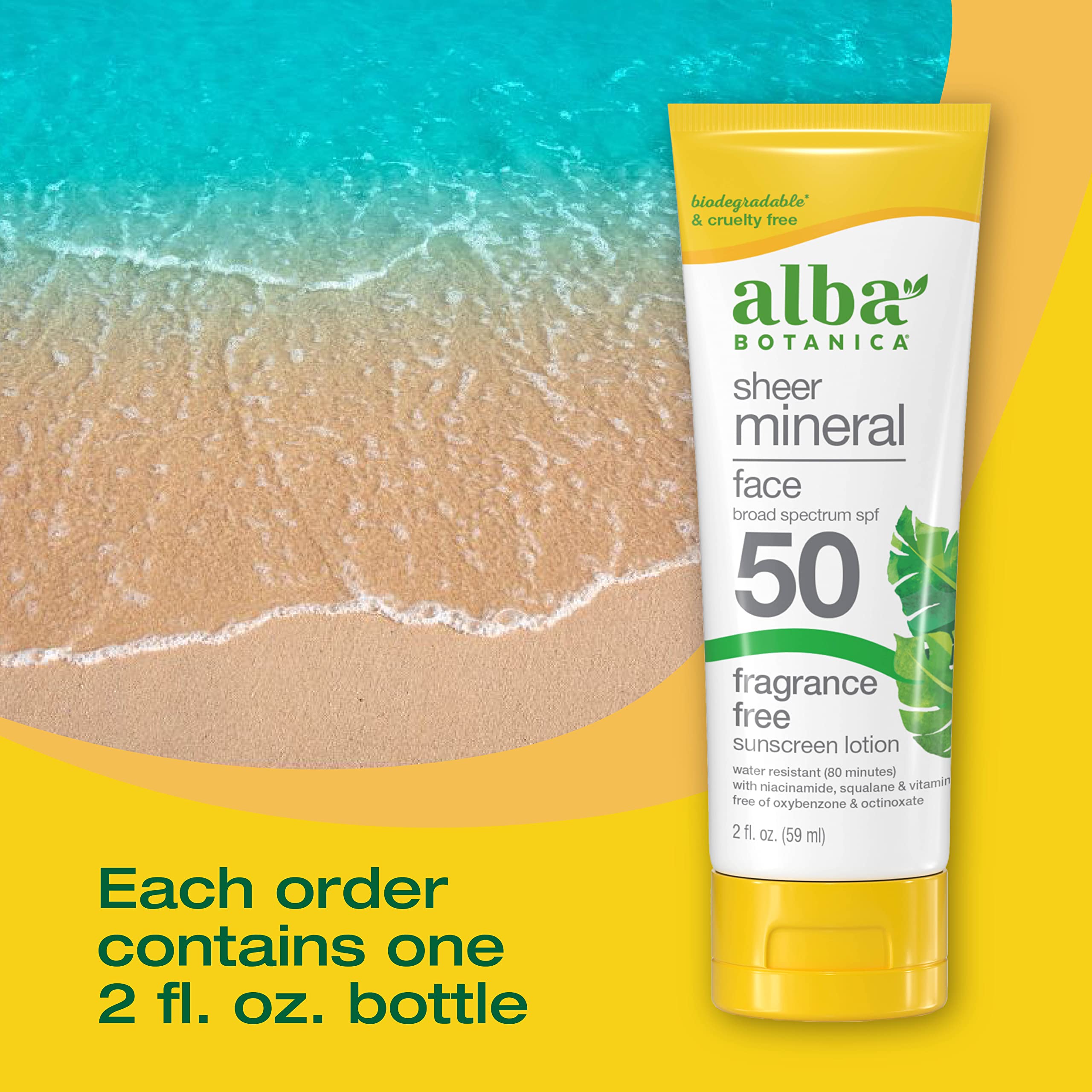 Alba Botanica Sunscreen For Face, Fragrance-Free Sheer Mineral Face Sunscreen Lotion, Broad Spectrum Spf 50, Water Resistant And