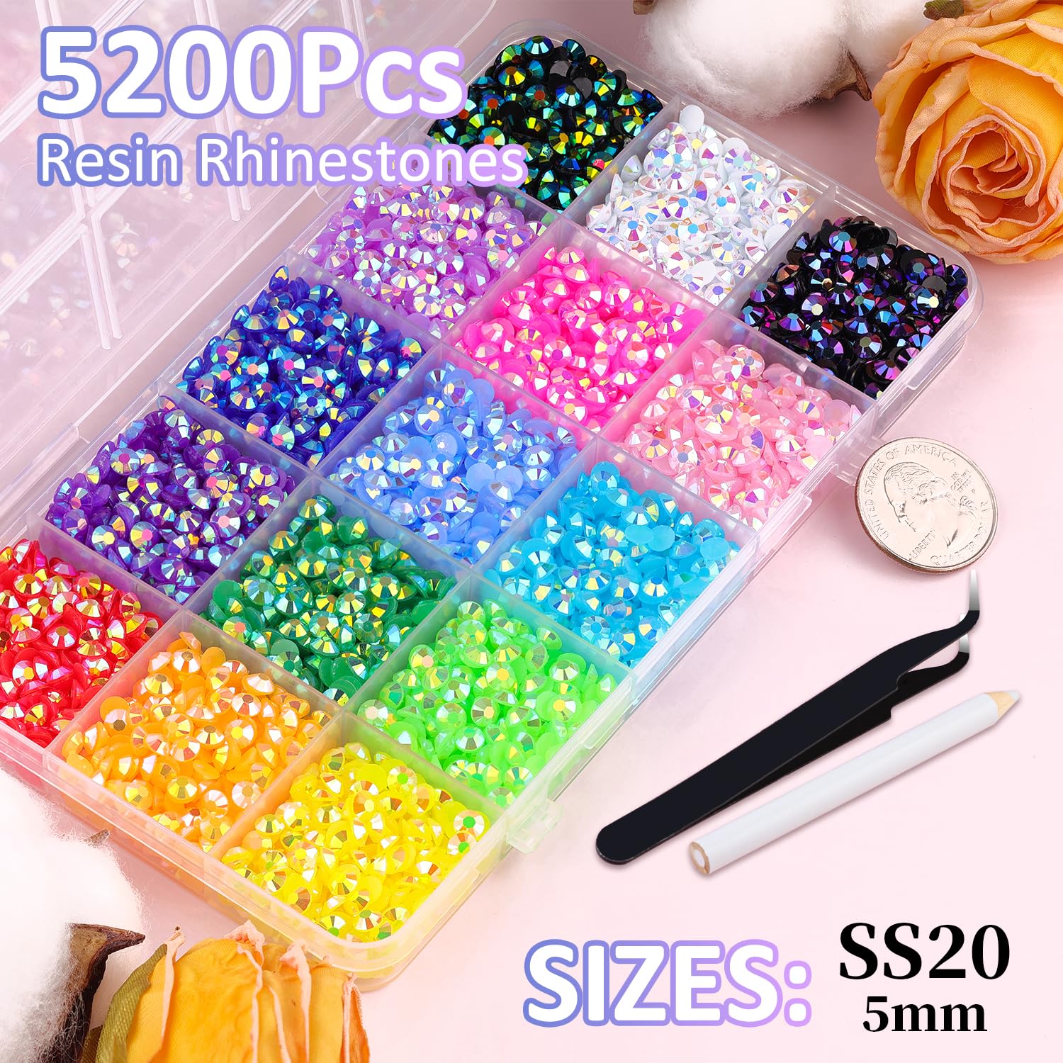 5200Pcs Resin Jelly Rhinestones With Tweezers For Crafting, Mixed-Color 5Mm Flatback Gems, Bedazzling Crystal For Diy Crafts Clo
