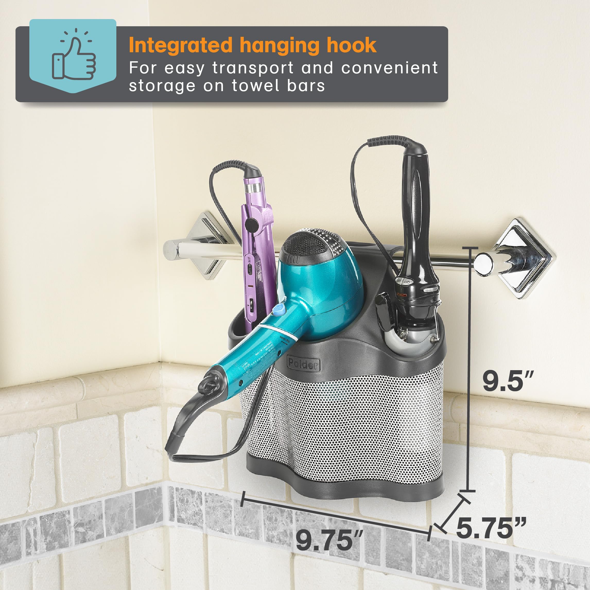 Polder Style Station, Organization For Styling Tools: Hair Dryers,Curling Irons, Straighteners, Brushes, Hang Over Towel Rack, S