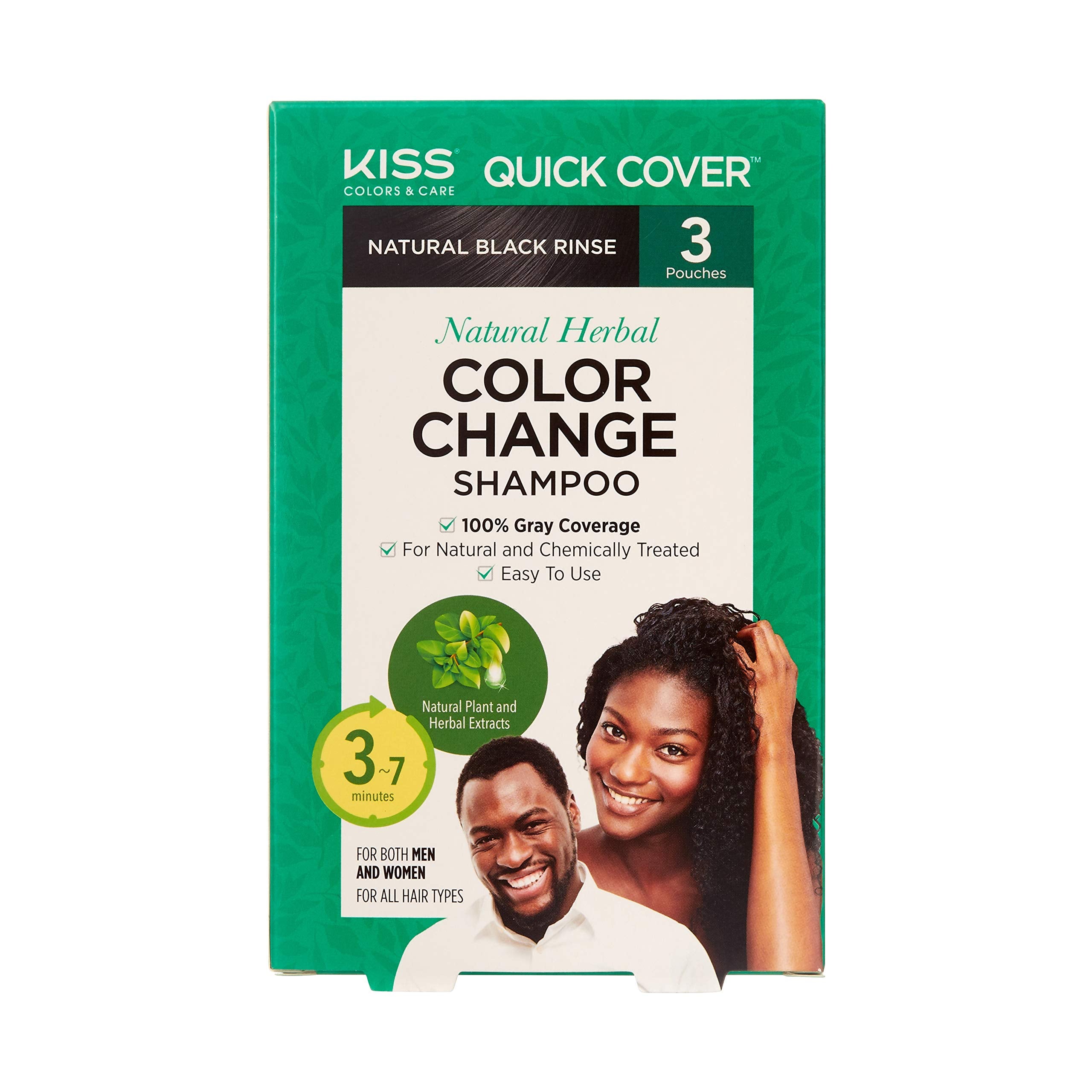 Kiss Quick Cover Natural Herbal Color Change Shampoo 3 Pouches (3 Pack, Natural Black)