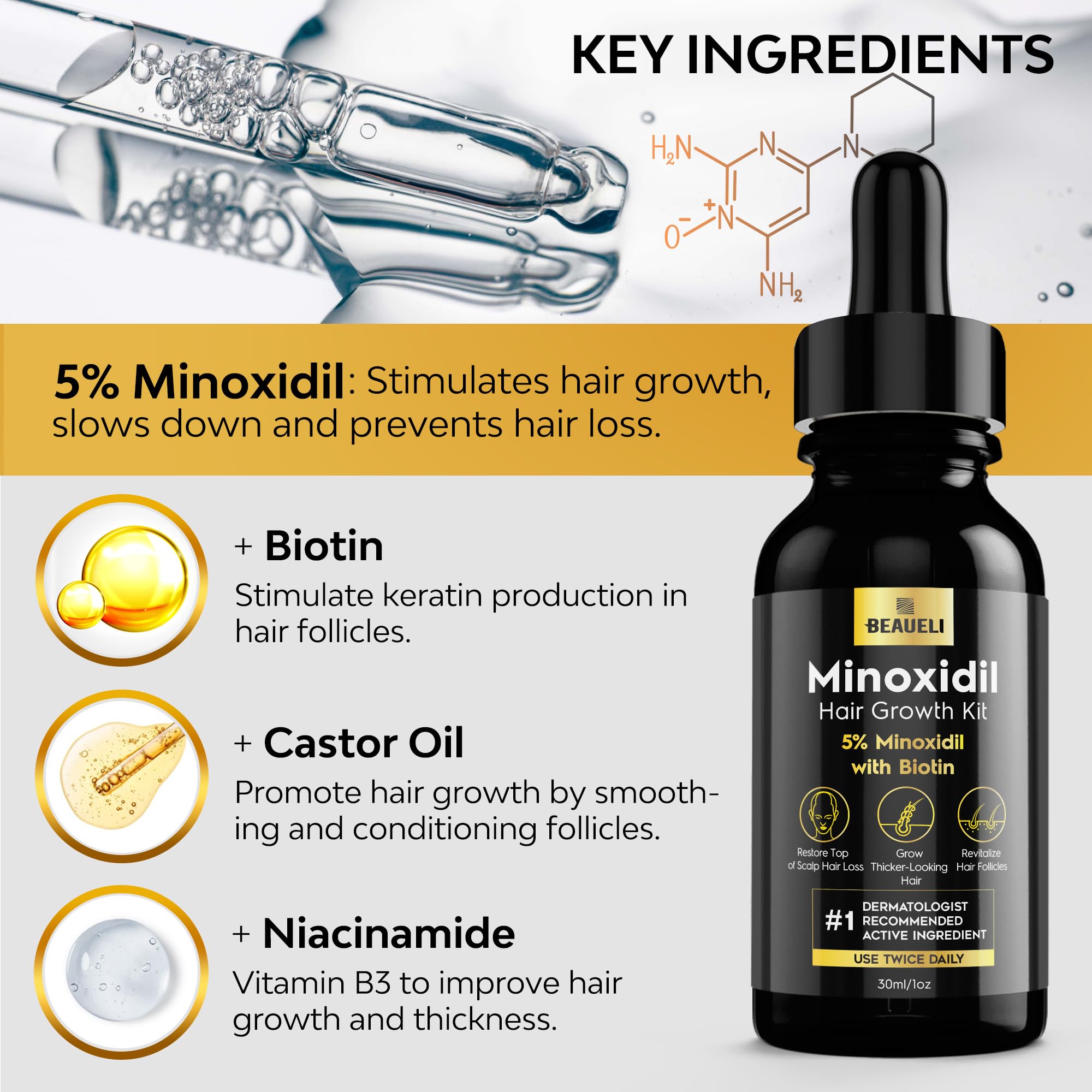 Beaueli 5% Minoxidil For Men And Women, Hair Growth, Beard Growth, Hair Regrowth, Unscented Drop, 3 Fl Oz, 3 Bottles