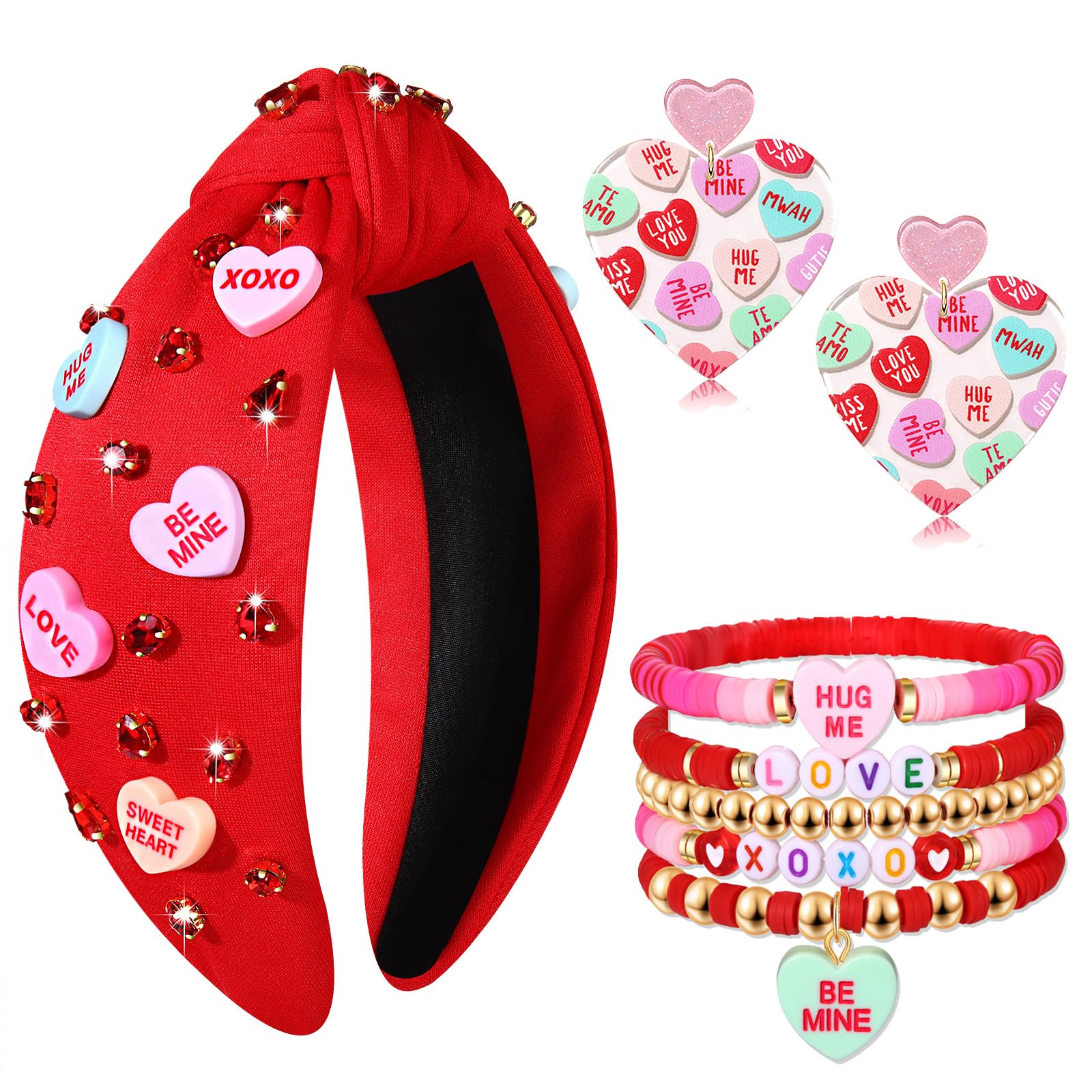 CEALXHENY Valentines Day Headbands for Women XOXO KISS Heishi Bracelets Glitter Heart Earrings Lover Outfits Accessories Valenti