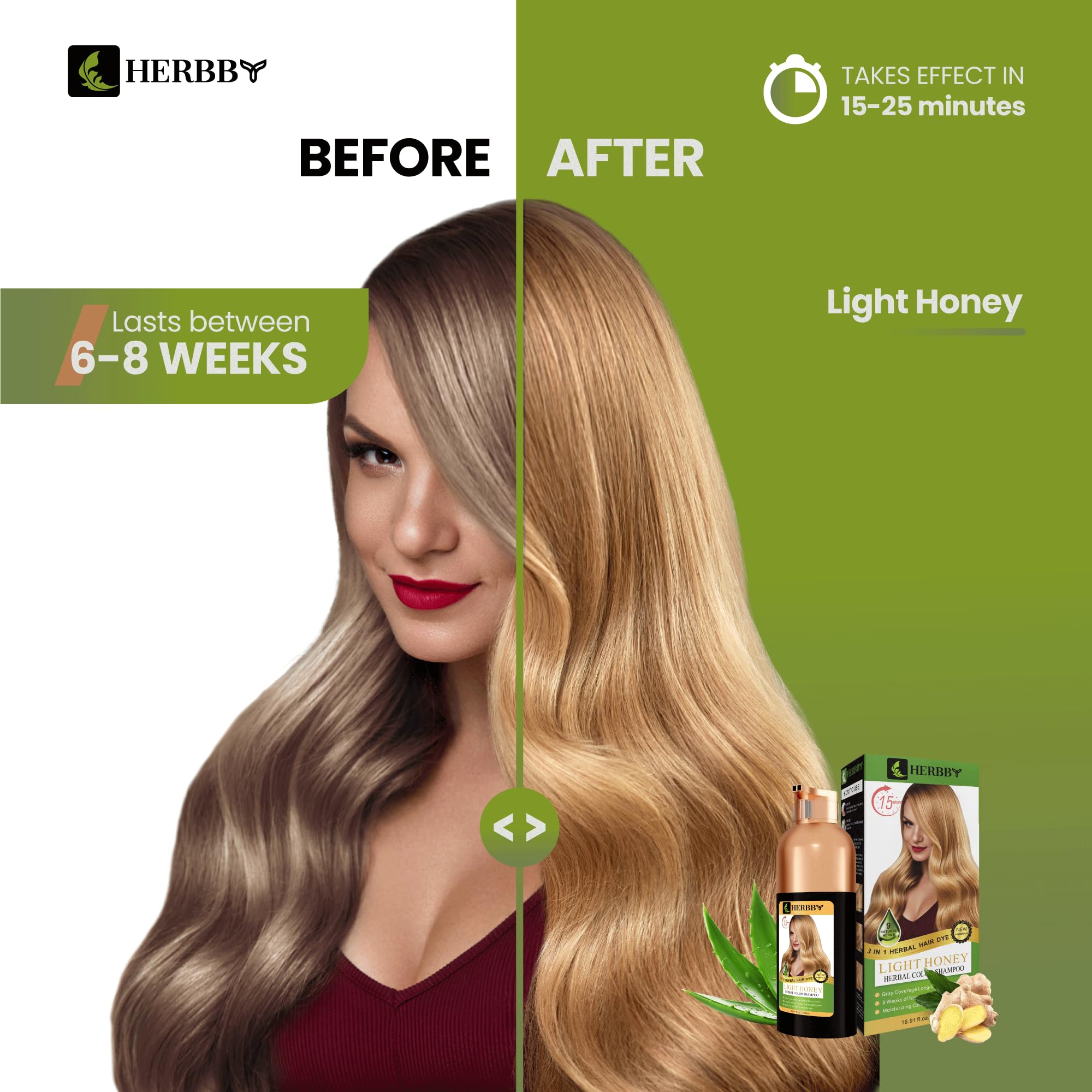 Herbby Hair Color Shampoo For Gray Hair Coverage&Color Transform With 9 Herbal Extracts -Long Lasting (6-8 Weeks), Shiny,Evenly
