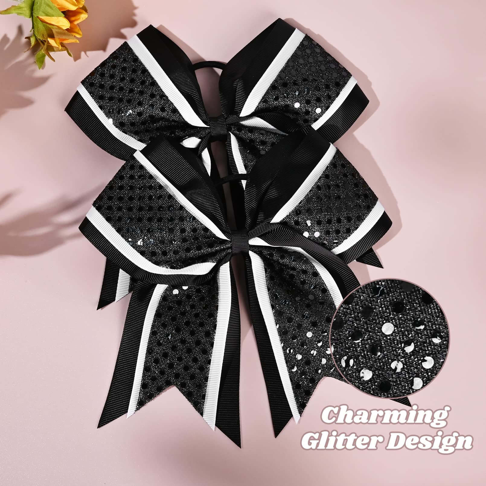 12 Pcs 8'' Large Glitter Cheer Bows Shiny Girl Hair Bows Ponytail Holder Sparkly Black Cheerleading Softball Team Bow Hair Acces