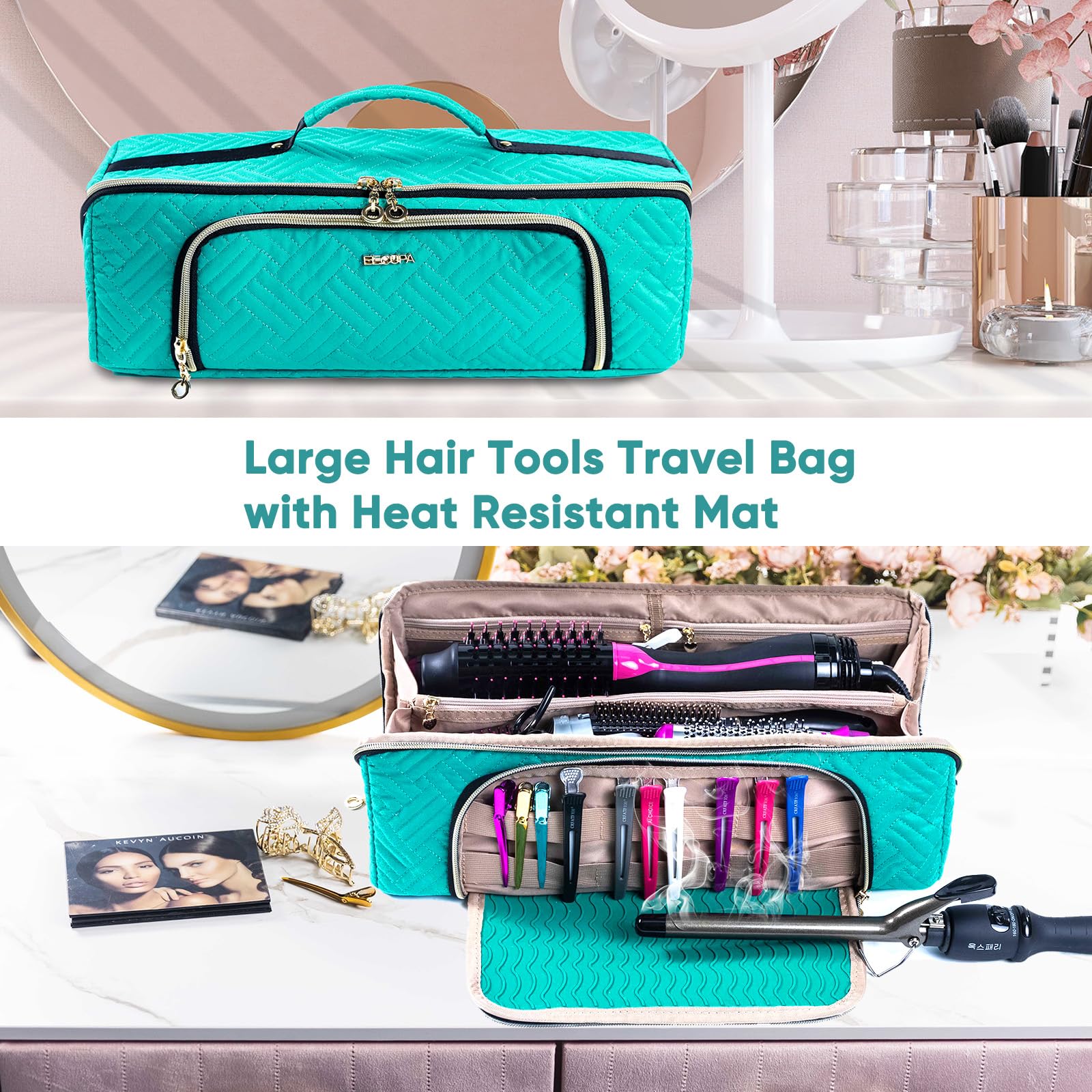 Elcupa Large Hair Tools Travel Bag With Iron Mat - 2In1 Hair Tools Organizer For Hair Dryer Brush, Flat Irons, Straighteners, Cu