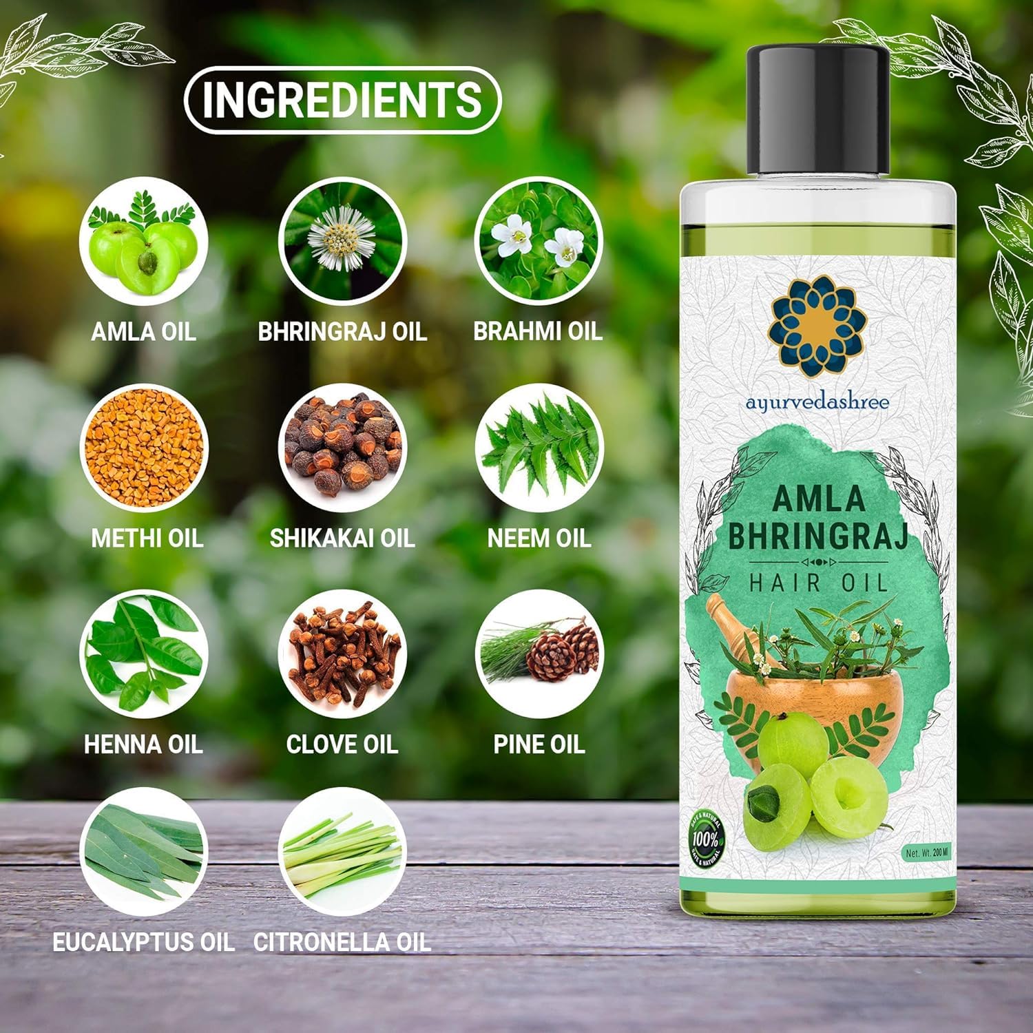 Ayurvedashree Hair Oil, 200 Ml With Amla , Bhringraj , Brahmi , Methi , Shikakai , Neem , Henna , Pine , Clove , Eucalyptus & Ci