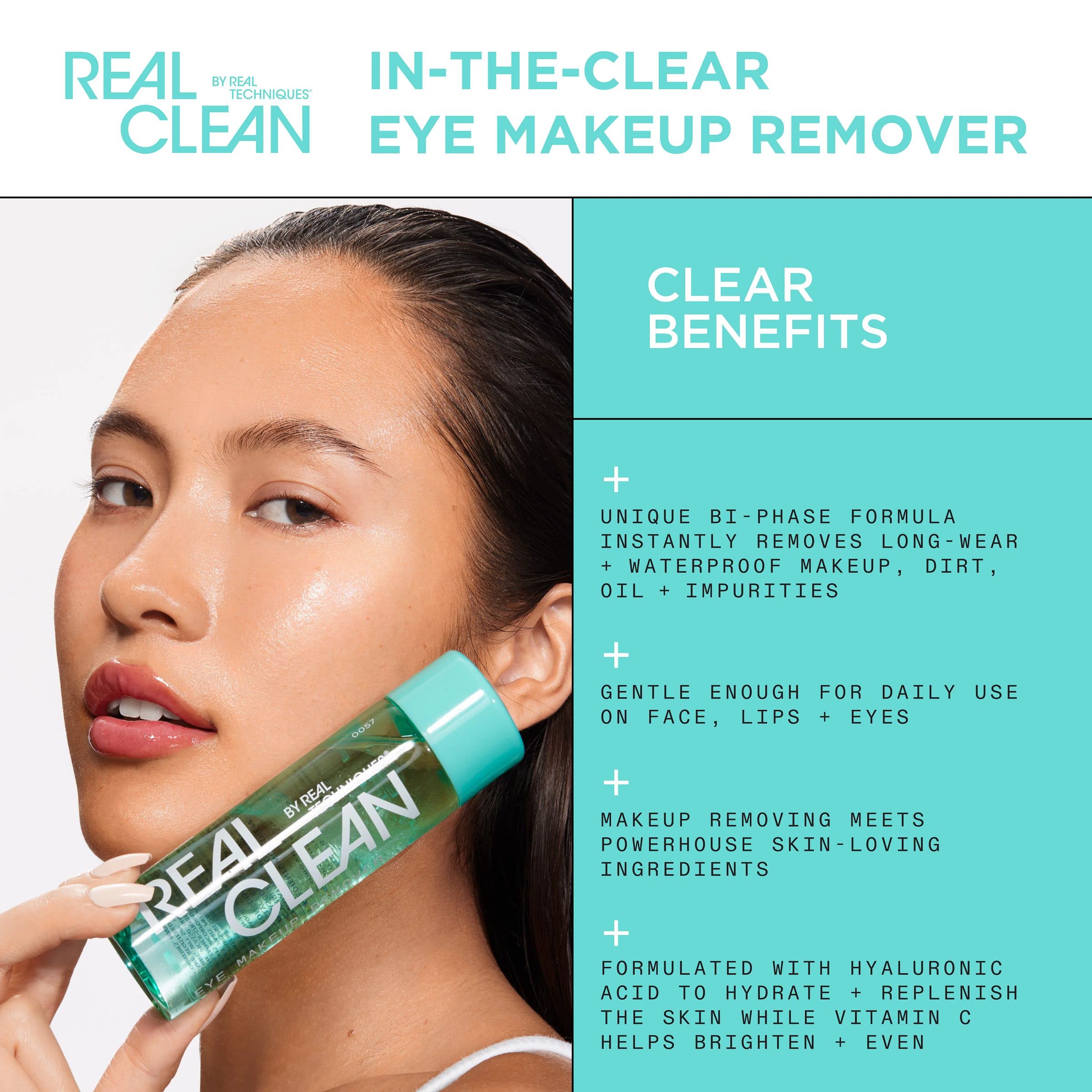 Real Techniques Real Clean In-The-Clear Eye Makeup Remover, Gentle Liquid Makeup Remover, Skin Repair Ingredients, Hyaluronic Ac
