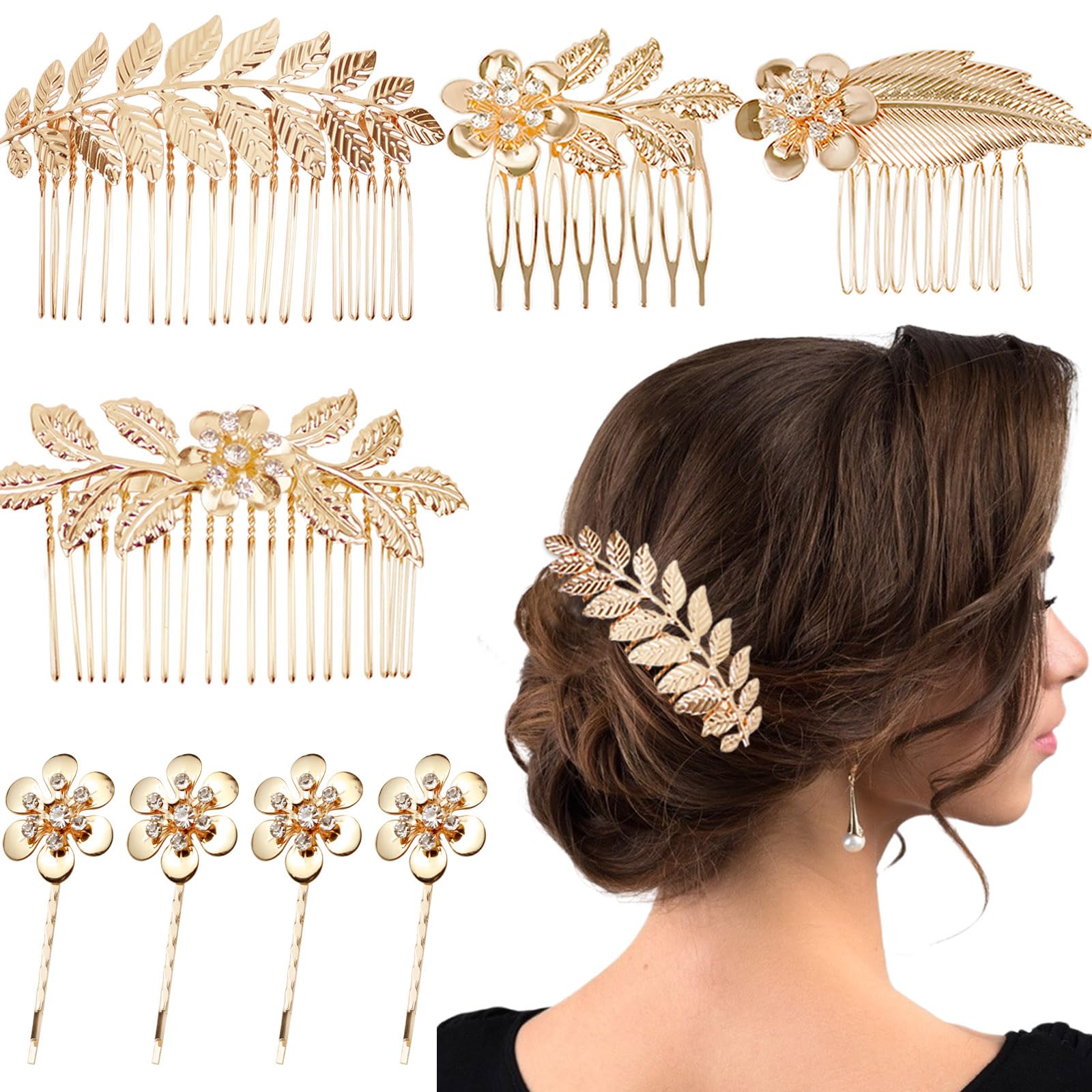8 Pieces Leaf Hair Side Combs Gold Rhinestone Hair Pins Clips with Teeth Combs for Wedding Hair Accessories for Women, Girls, Br