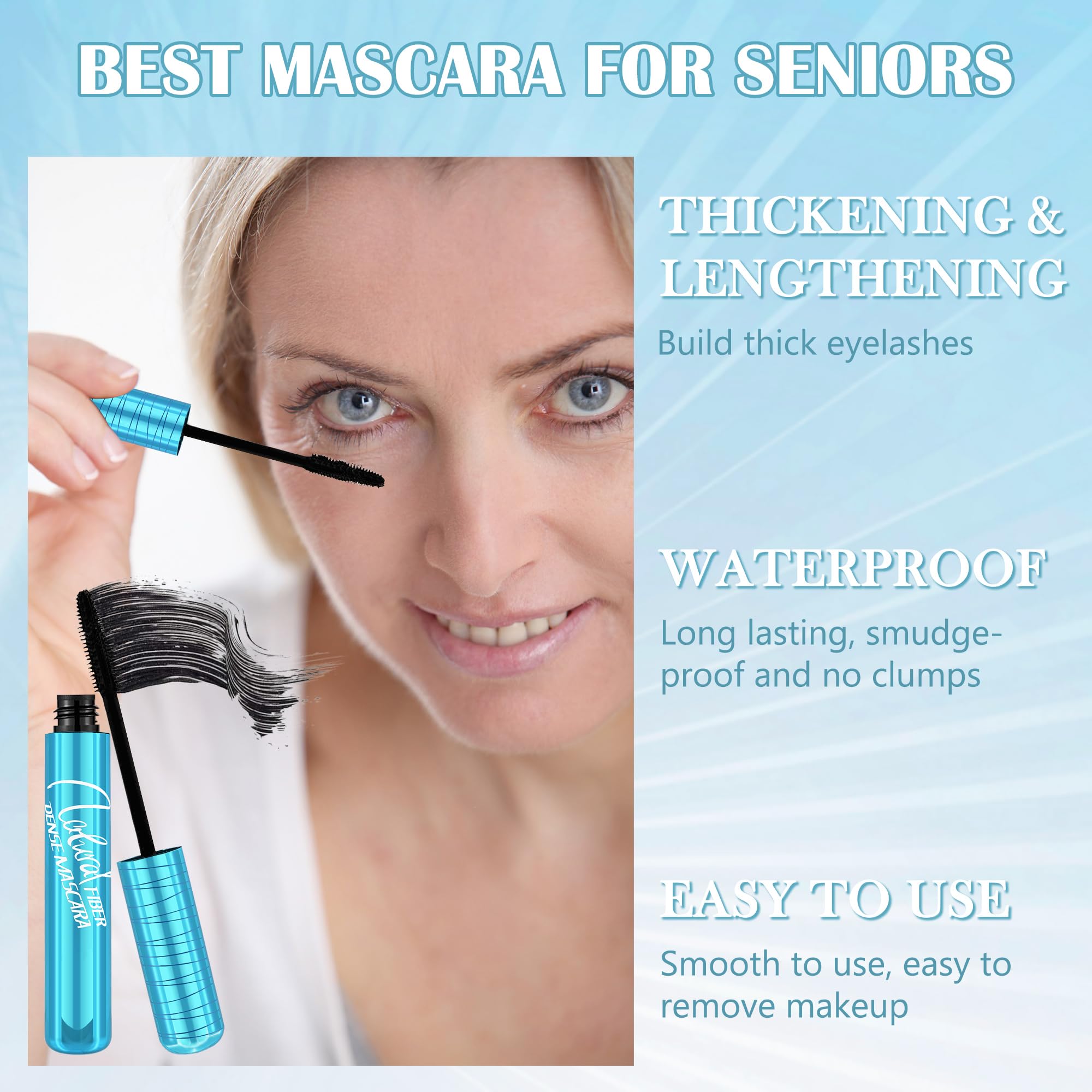 Mascara For Older Women 60 Plus, Waterproof Lengthening Mascara For Seniors With Thinning Lashes, Prime Mascara Black Volume And