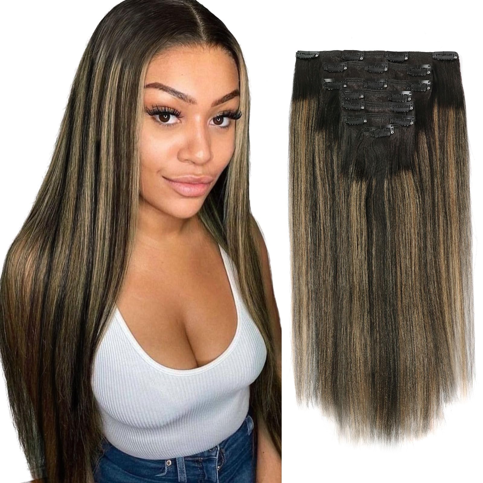 Sassina Yaki Style Remy Hair Extensions Clip in Human Hair Clip in Hair Extensions Natural Black to Strawberry Blonde Thick Clip