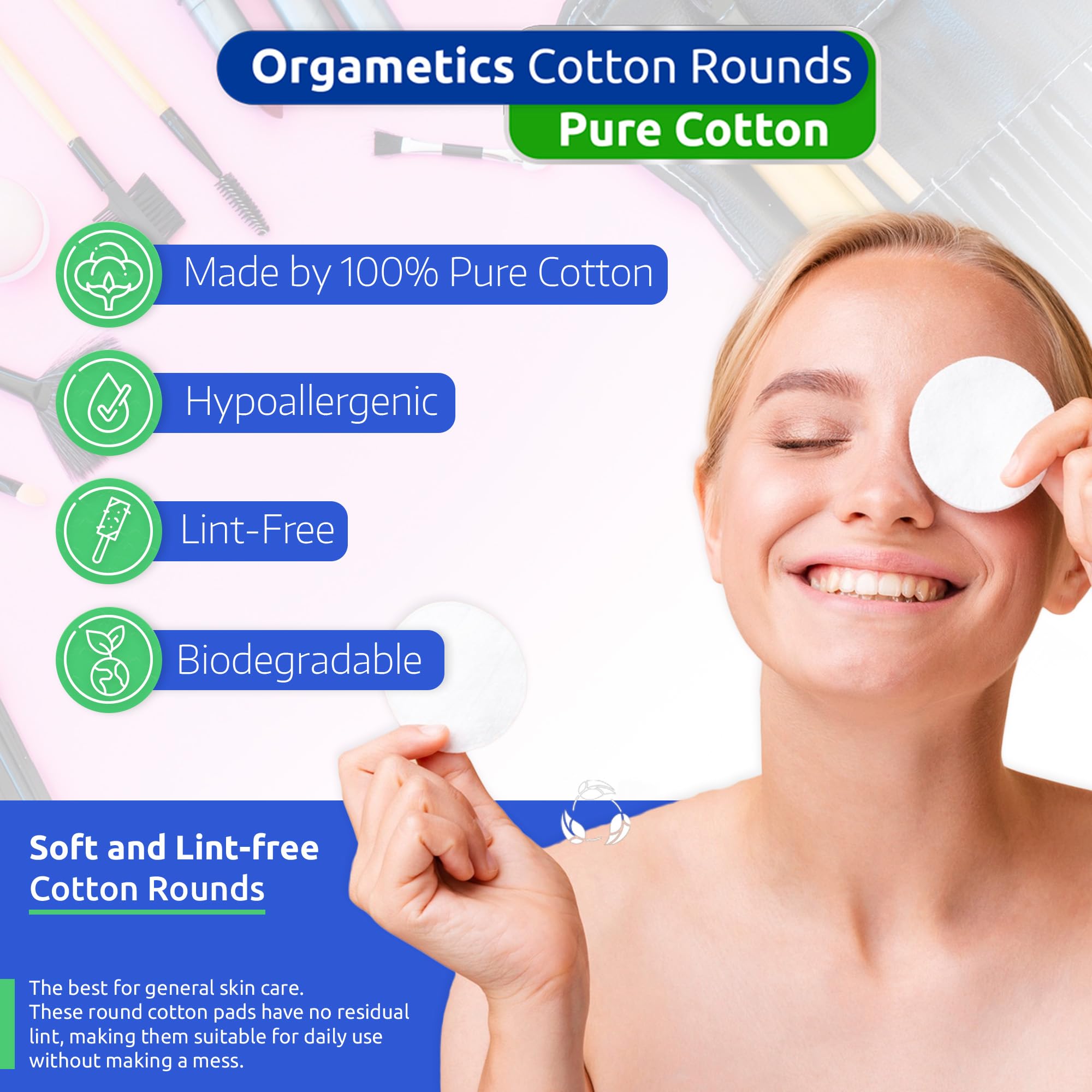 Orgametics Cotton Rounds, 100% Natural Turkish Cotton Premium Makeup Remover And Facial Cleansing Round Pads, Lint Free, Hypoall