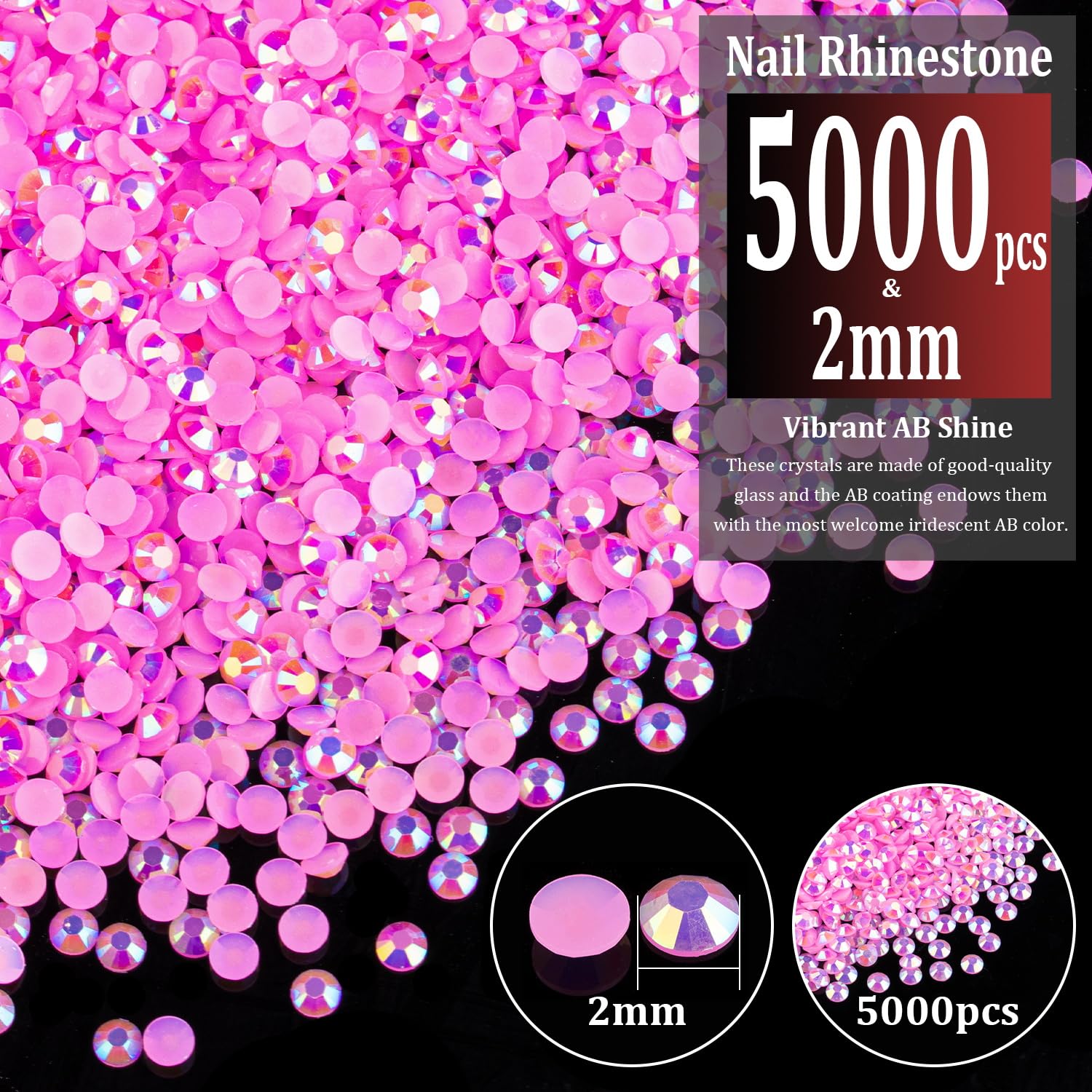 5000Pcs 2Mm Resin Rhinestones Bulk, Pink Ab Flatback Round Jelly Rhinestones Bedazzling Non Hotfix Crystal Gems Large Quantity W