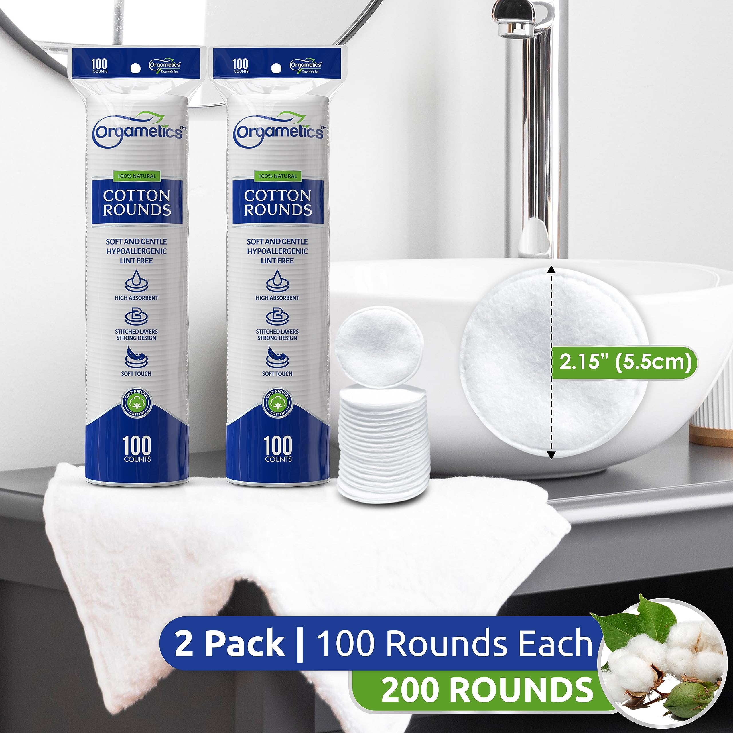 Orgametics Cotton Rounds, 100% Natural Turkish Cotton Premium Makeup Remover And Facial Cleansing Round Pads, Lint Free, Hypoall