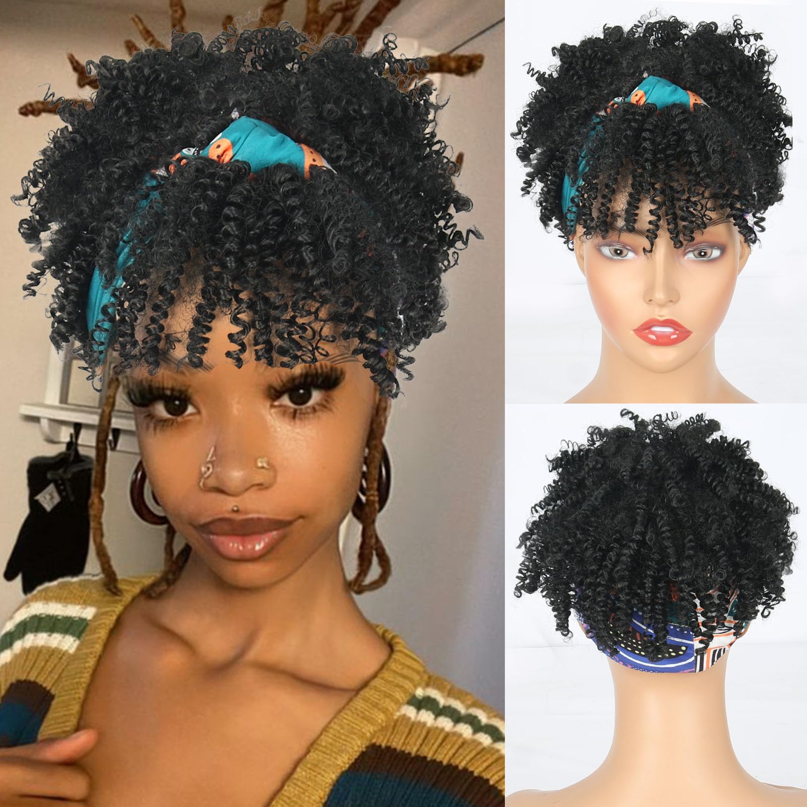 Aisaide Short Afro Curly Headband Wig with Bangs Afro Black Headband Wigs for Black Women High Puff Scarf Wigs Black Wig with He
