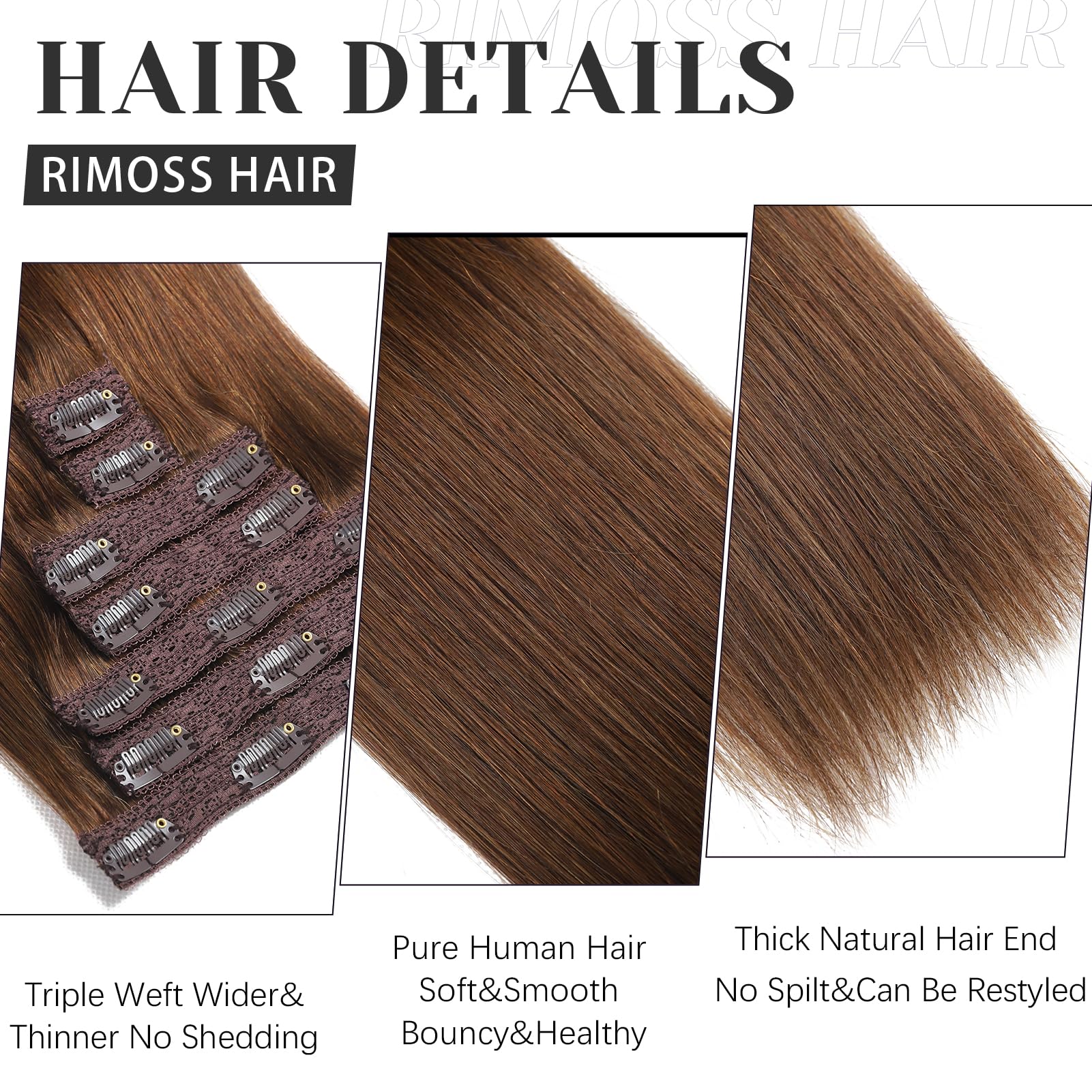 Rimoss Clip In Hair Extensions Real Human Hair, 22 Inch Chocolate Brown Remy Human Hair Clip In Extensions Straight, Premium Sof