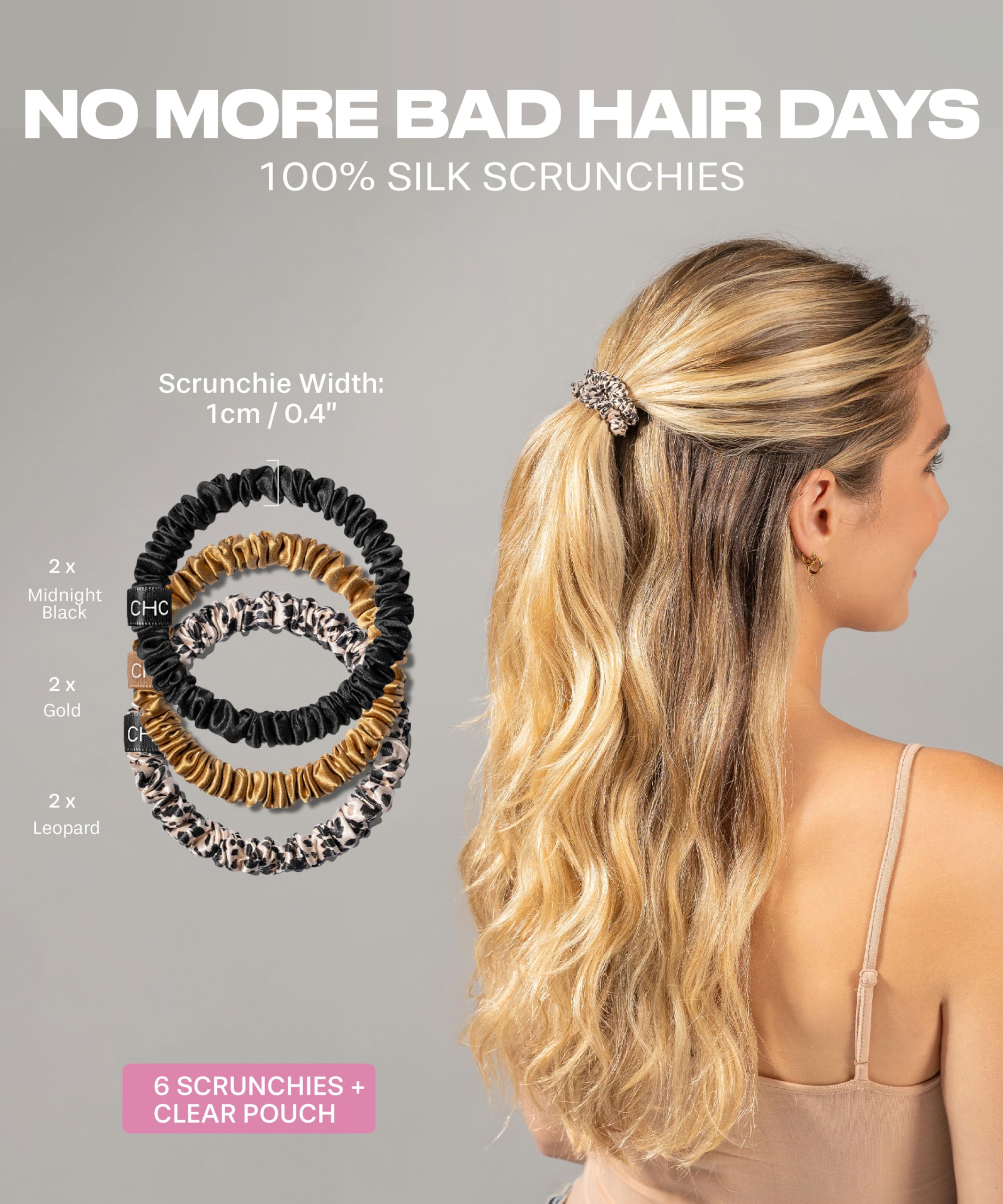 Ch. Skinnies-6 Premium 22 Momme Handmade Scrunchies Set, 100% Pure Silk Ties For Hair & Sleep | Style: Wild, Black & Gold
