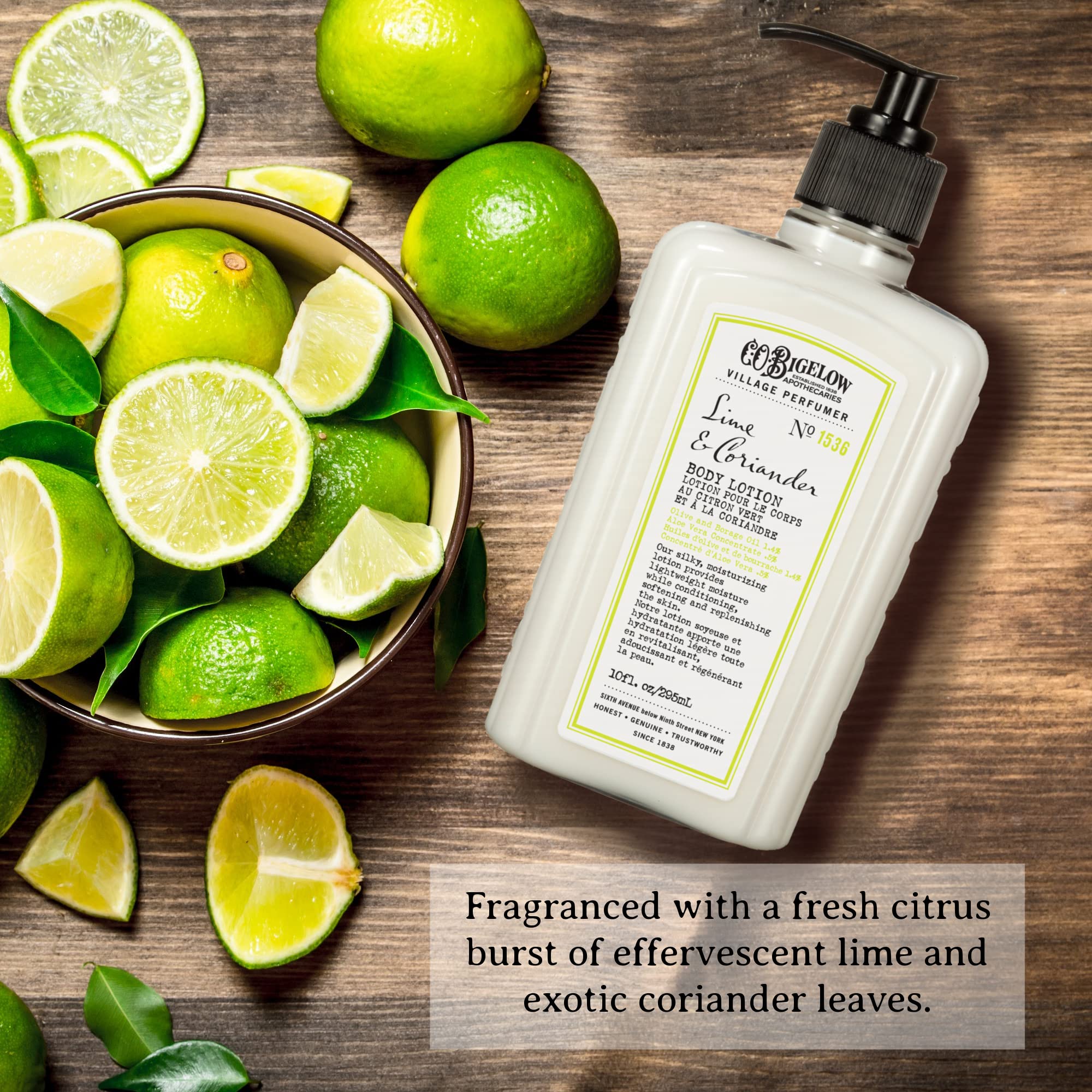 C.O. Bigelow Lime Coriander Body Lotion For Women And Men, Village Perfumer Lotion With Olive Oil, Borage Oil, And Aloe Vera Con