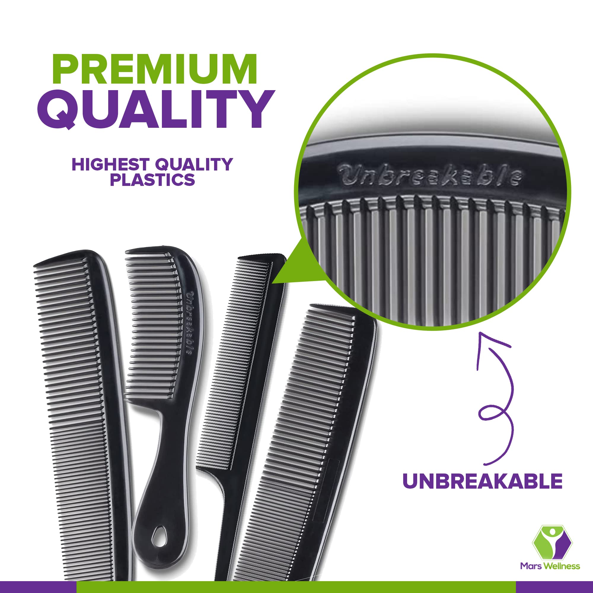 Mars Wellness 4 Piece Professional Comb Set Black - Usa Made - Fine Pro Tail Combs, Dresser Hair Comb Styling Comb - Premium Gra