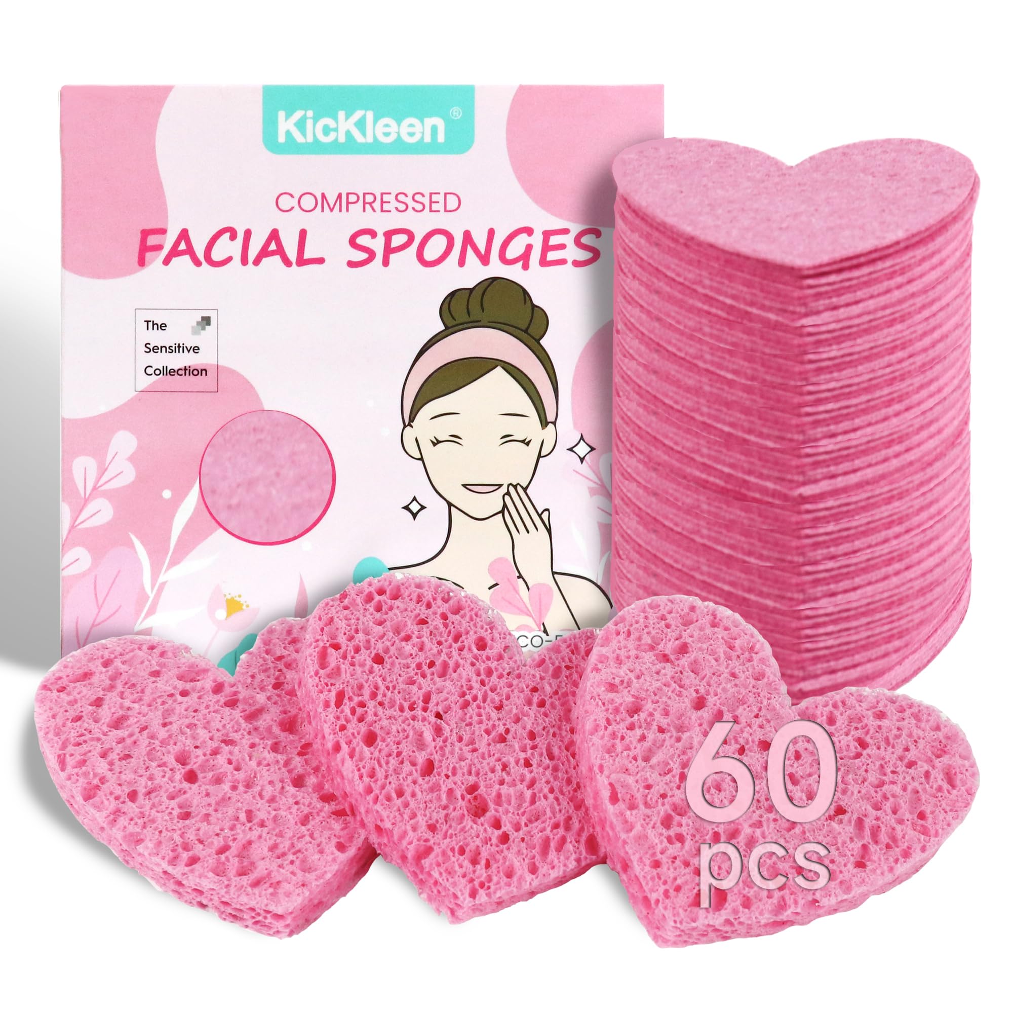 60-Count Kickleen Compressed Cellulose Heart Shape Facial Sponges | 100% Natural Cosmetic Spa Sponges for Facial Cleansing | Exf