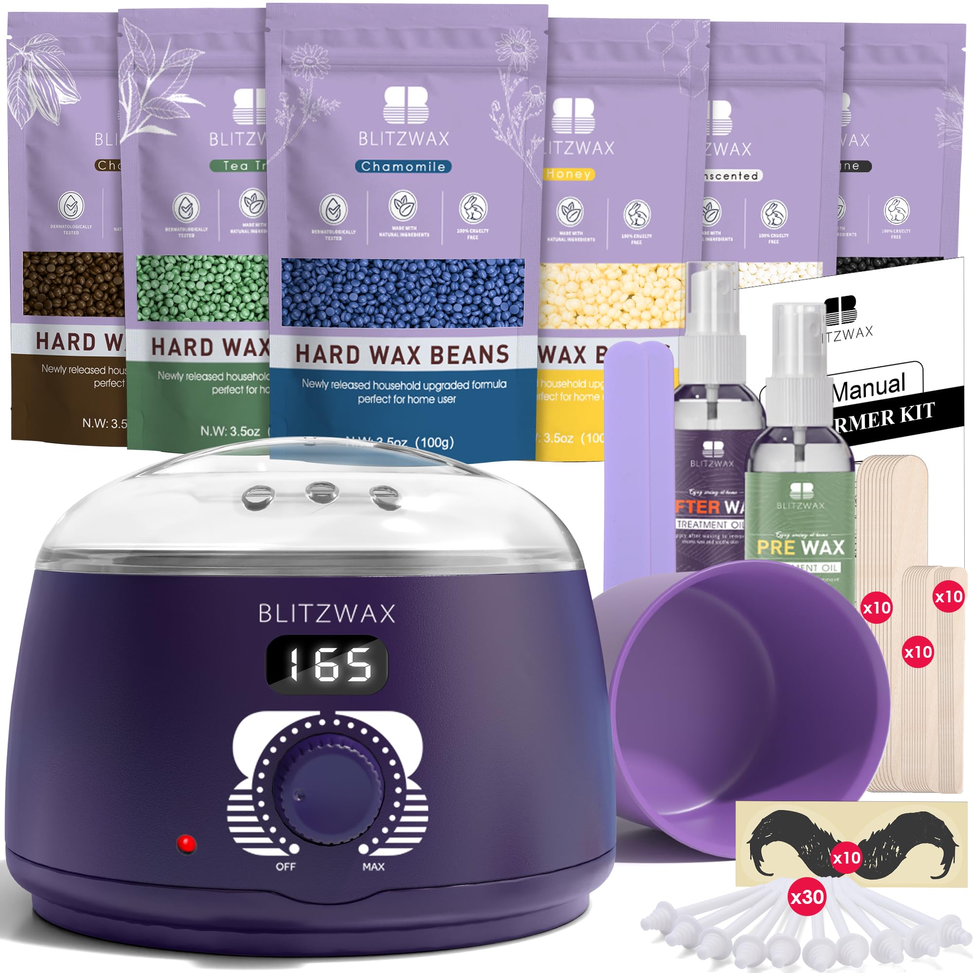 BLITZWAX Nose Wax Kit for Men and Women Hair Removal Digital Wax Pot Kit with Beard Stickers for Sensitive Skin, Mustache, Body,