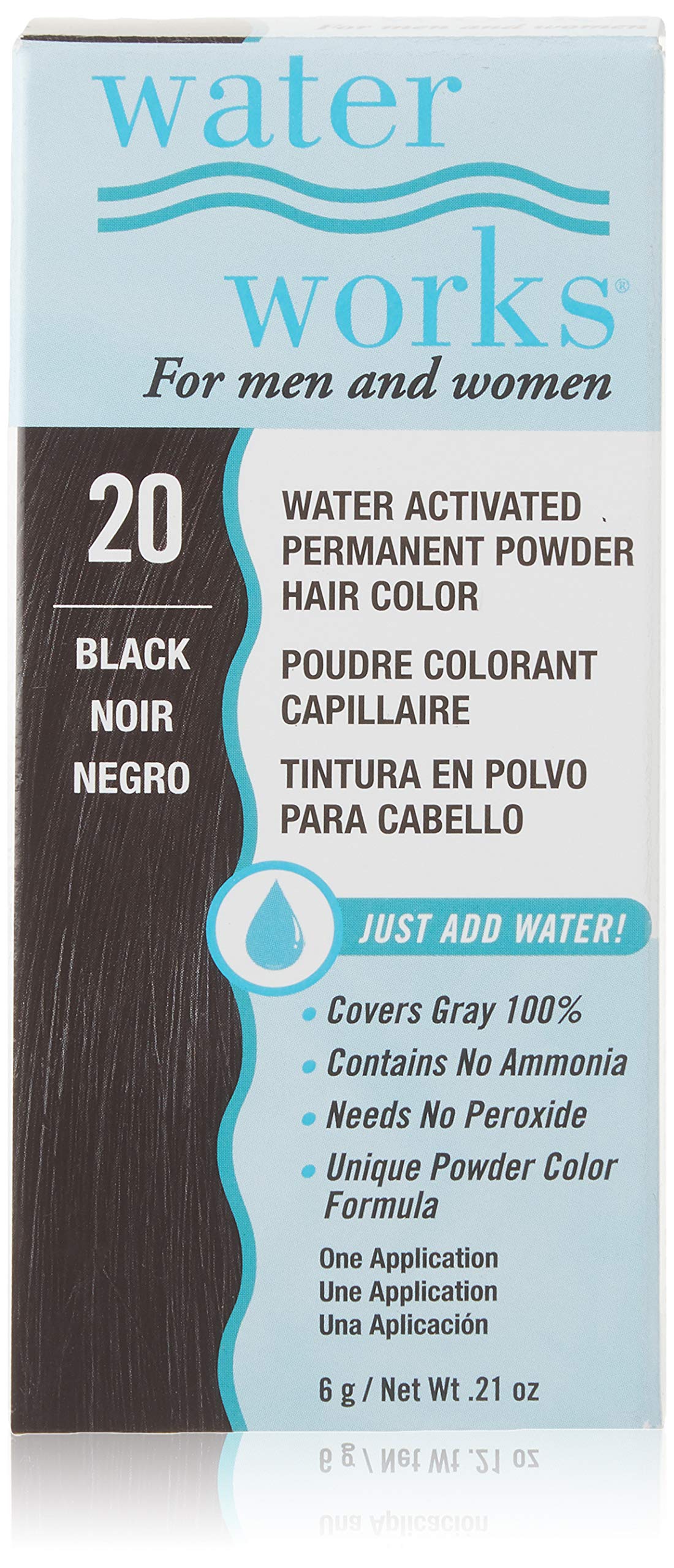 Water Works Water Activated Permanent Powder Hair Color For Men And Women, 20 Black