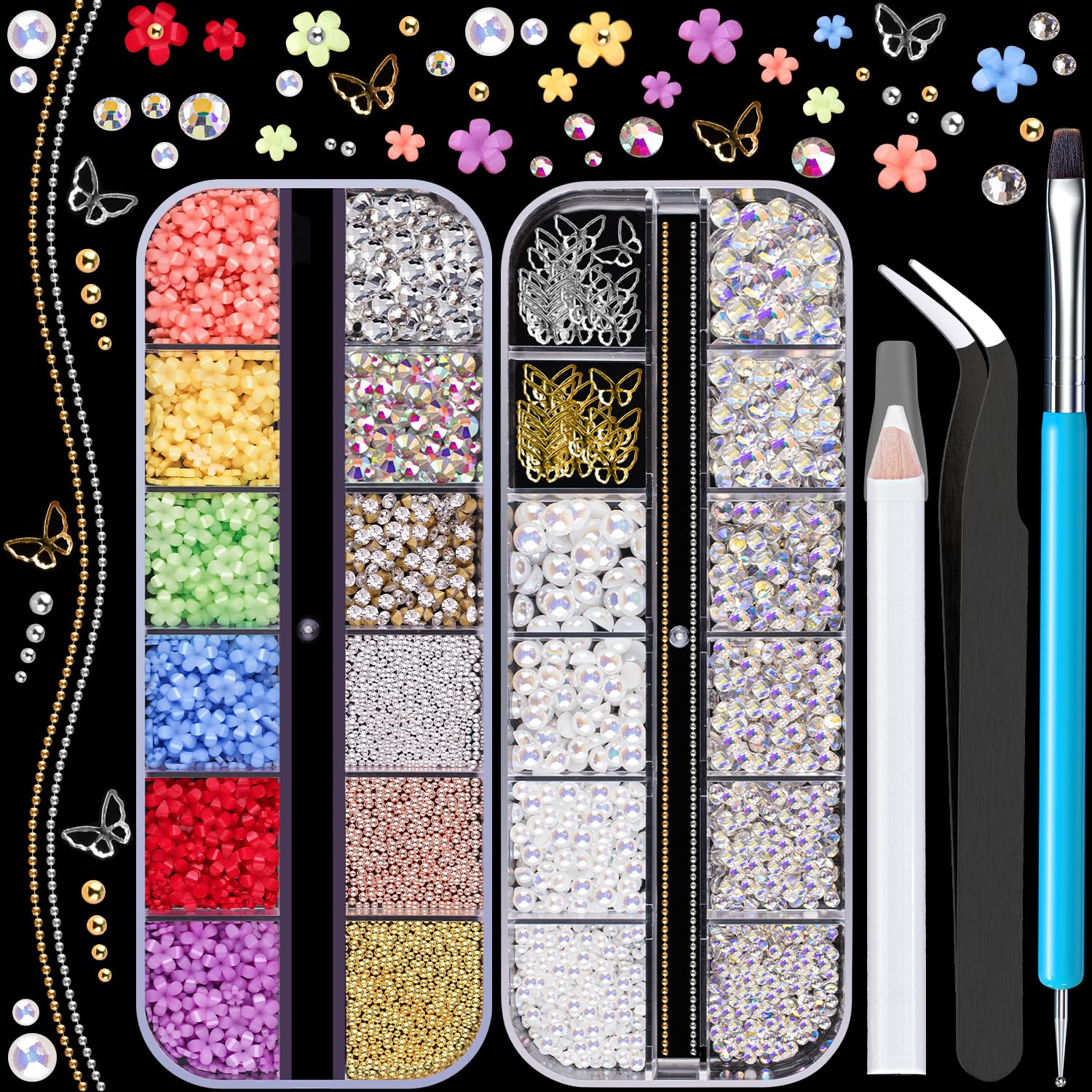 3D Nail Charms, Butterfly Colorful Acrylic Flower Starry AB Gemstones Caviar Beads Half Round Pearl, Flat Back Glass Crystal AB 