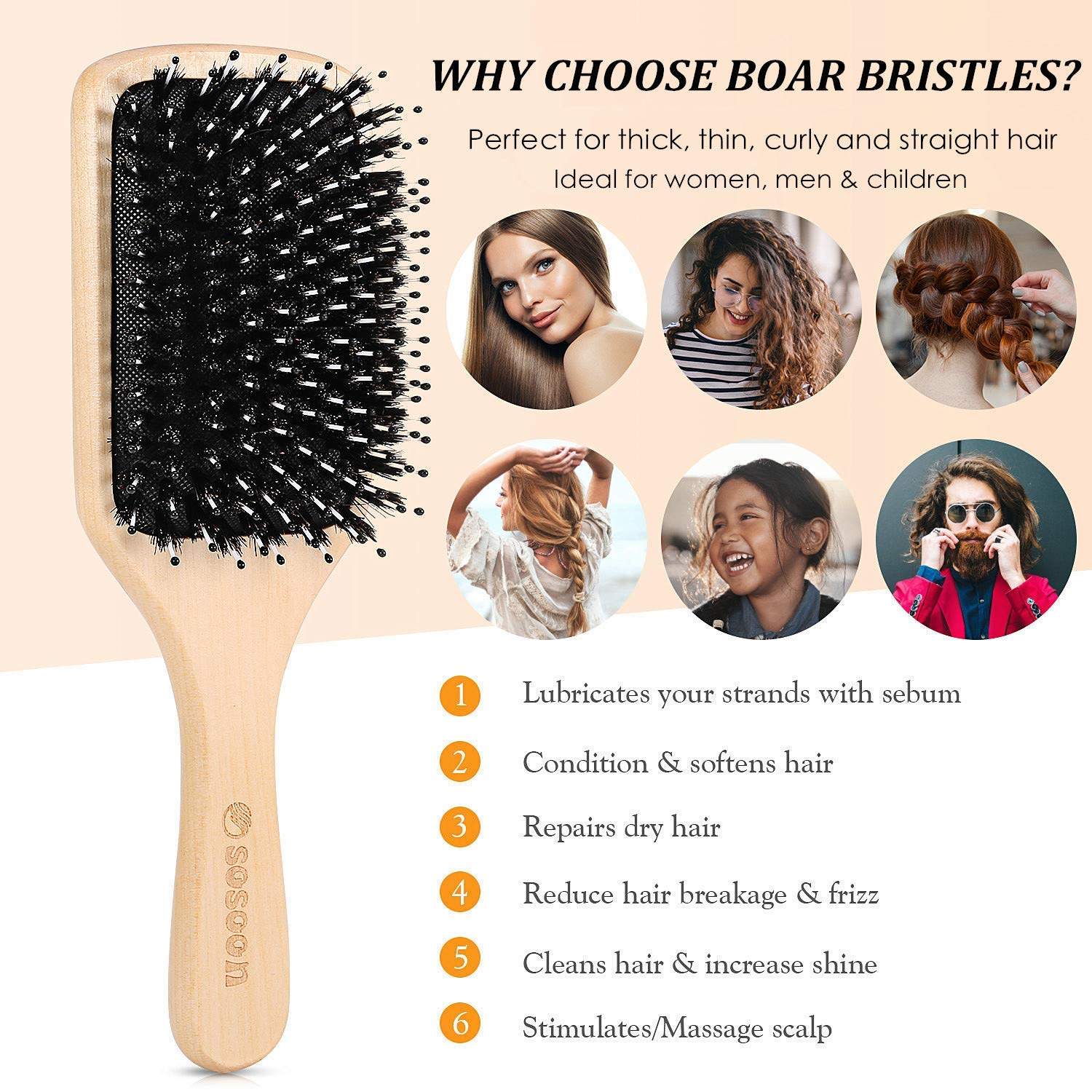 Hair Brush, Sosoon Boar Bristle Paddle Hairbrush For Long Short Thick Thin Curly Straight Wavy Dry Hair For Men Women Kids, No M