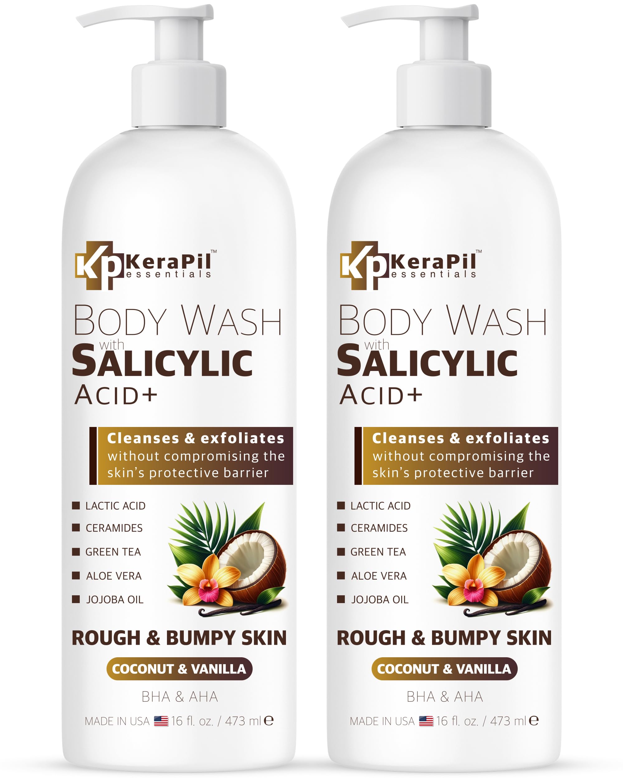 KERAPIL Exfoliating Body Wash with Salicylic Acid - No Dry Out, Gentle Exfoliates Rough and Bumpy Skin, Body Acne Wash, BHA & AH