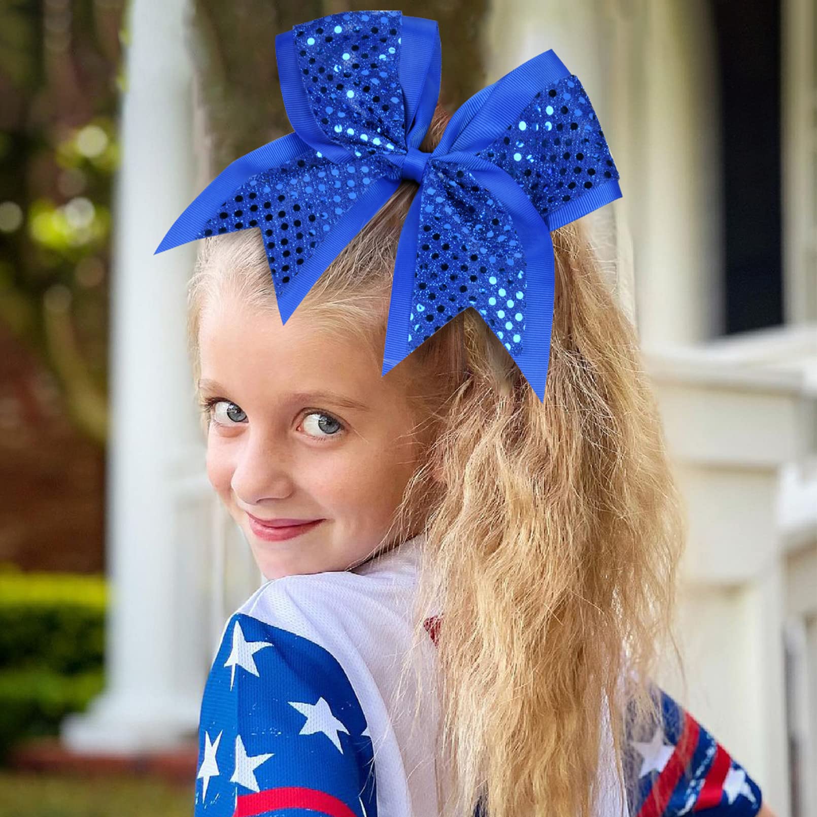 10 Pcs 8'' Large Glitter Cheer Bows Shiny Girl Hair Bows Ponytail Holder Sparkly Blue Cheerleading Softball Team Bow Hair Access