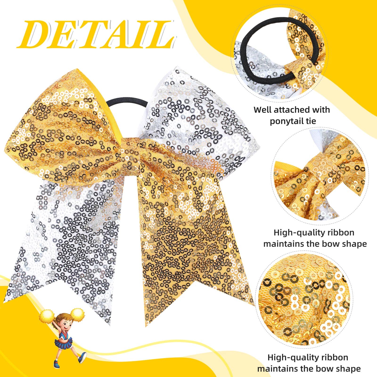 Oaoleer 12 Count 7'' Cheer Bow, Handmade Sequin Glitter Ribbon Hair Tie For Cheerleading Team Sports, Girls Hair Accessories, Go