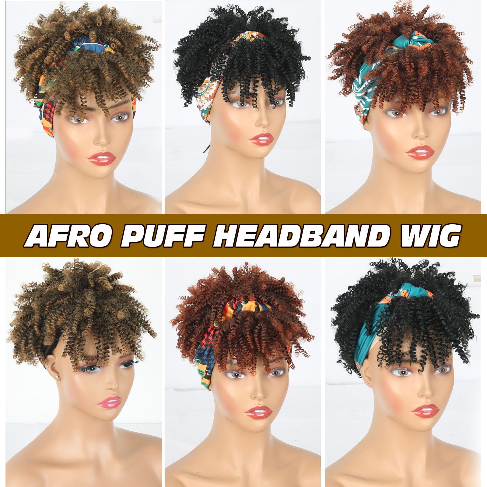 Aisaide Short Afro Curly Headband Wig With Bangs Afro Black Headband Wigs For Black Women High Puff Scarf Wigs Black Wig With He