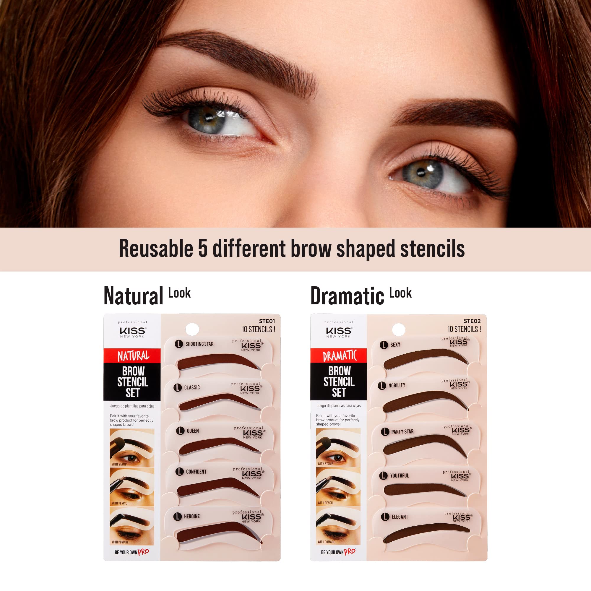 Kiss New York Professional Instant Brow Stamp And Stencil Kit Powder Stamp Eyebrow Shaping Kit (Stencil-Dramatic)
