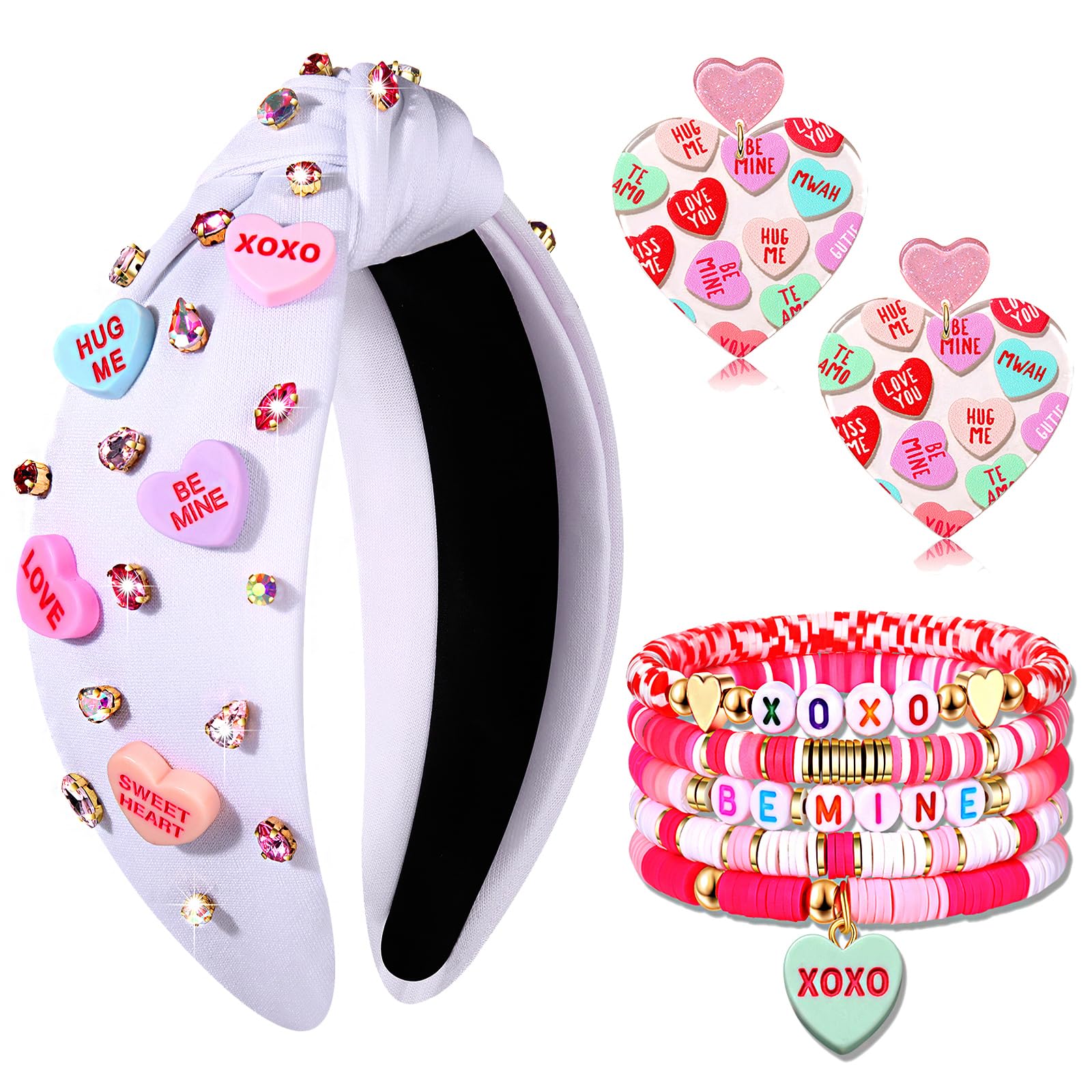 CEALXHENY Valentines Day Headbands for Women Conversation Heart Headbands Pink Heishi Bracelets LOVE XOXO Earrings Valentines Da