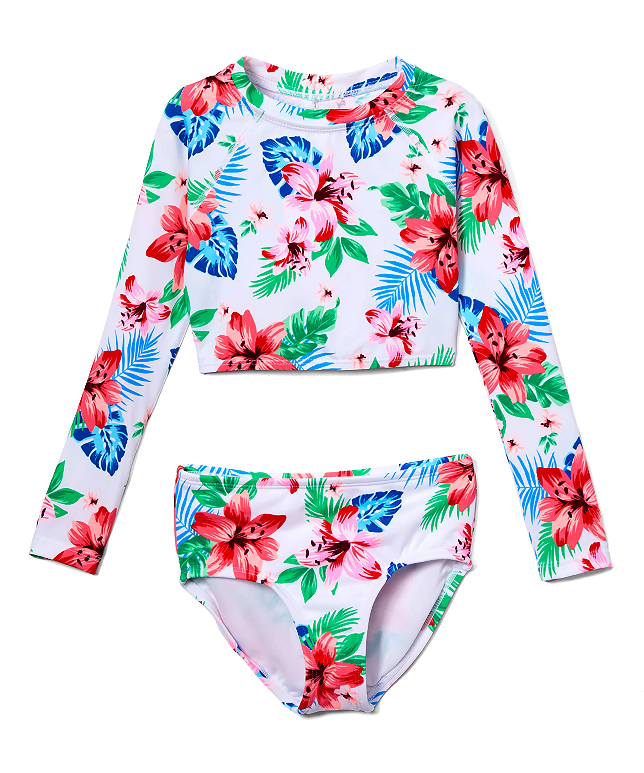 Kanu Surf girls Long Sleeve Rashguard UPF 50 Two Piece Swim Set, Peggy crop White, 8