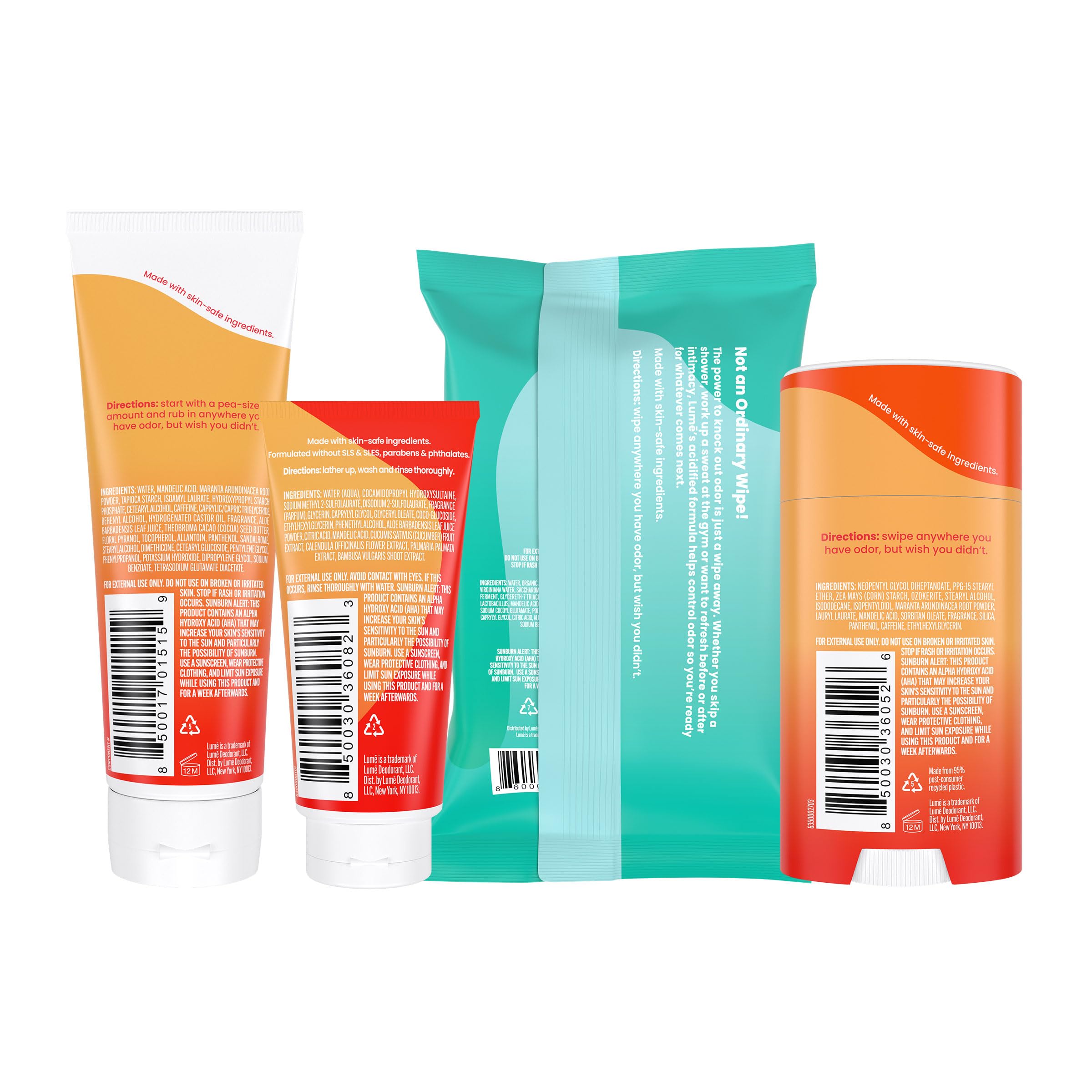 Lume Whole Body Deodorant Starter Pack - Smooth Solid Stick, Invisible Cream Tube, Acidified Body Wash Mini & Deodorant Wipes -