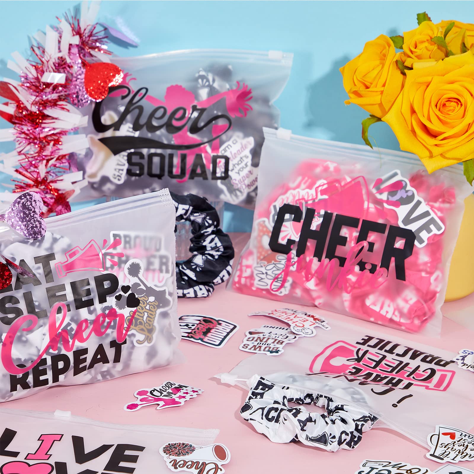 Amylove 65 Pcs Cheerleader Gifts Bulk Cheer Makeup Bag Portable Sports Cosmetic Zipper Pouches Cheer Scrunchies Cheerleading Hai