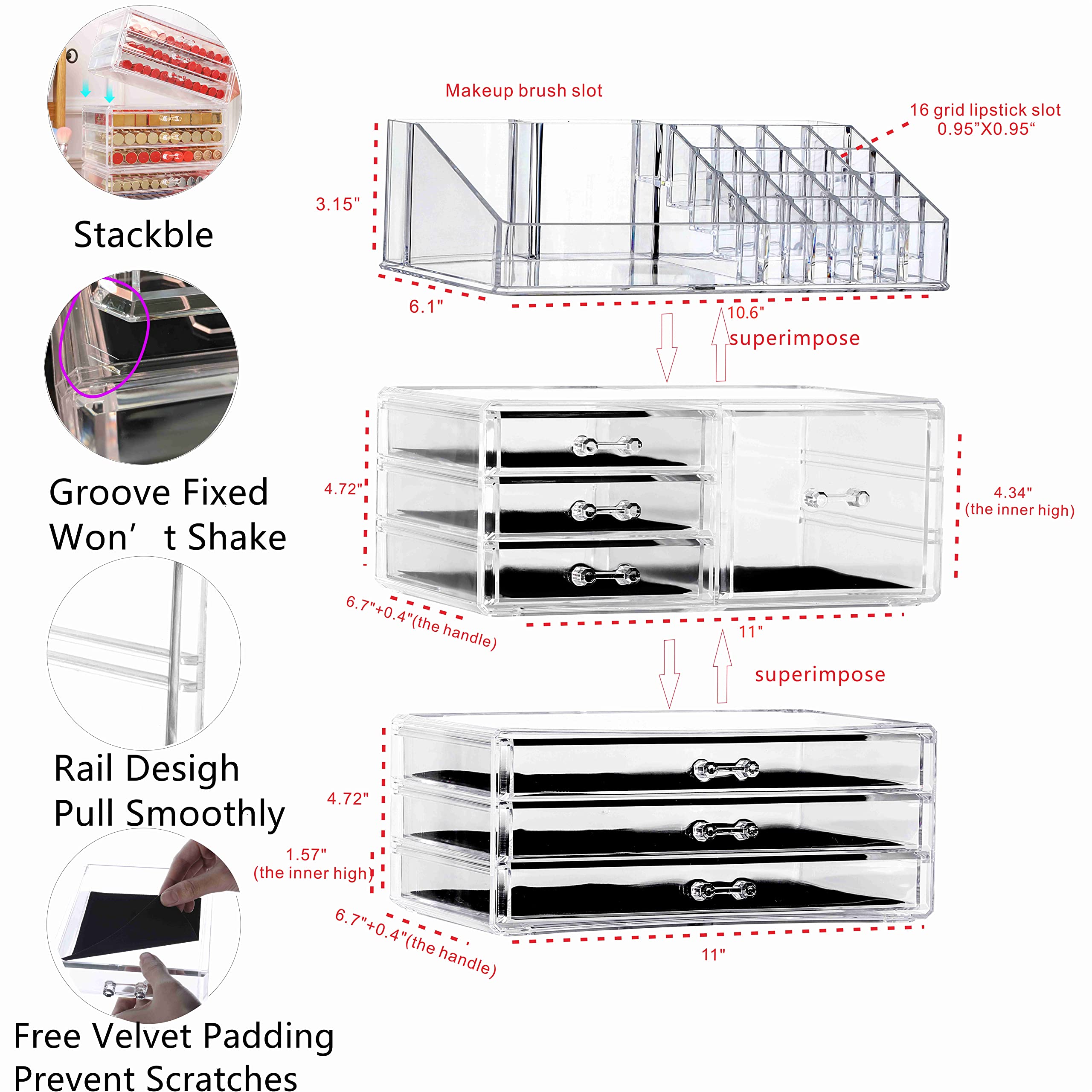 Cq Acrylic 3 Pack Clear Make Up Organizers For Vanity,Stackable 7 Drawers Make Up Organizer,Cute Desk Organizer For Vanity Jewel