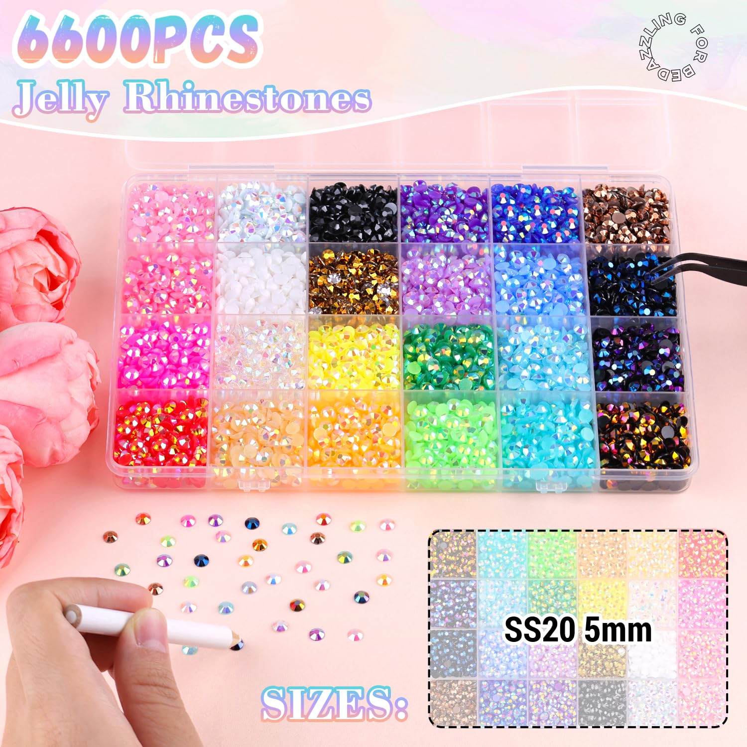 6600Pcs Resin Jelly Rhinestones With Tweezers For Crafting, Multi Colors 5Mm Non Hotfix Flatback Gems, Bedazzling Crystal For Di