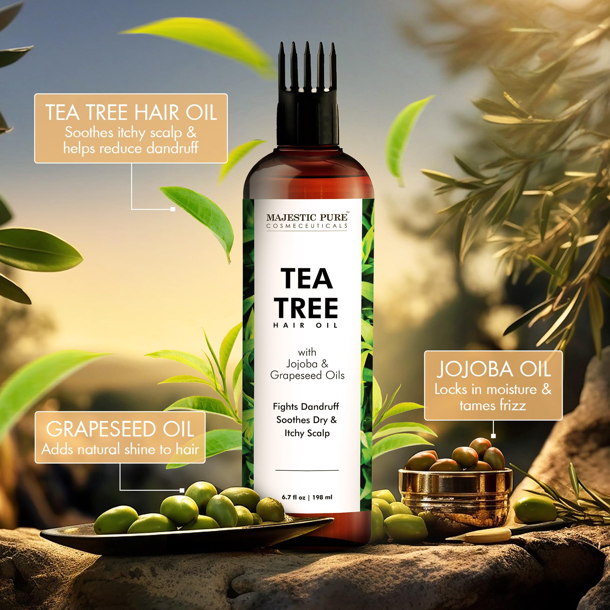 Majestic Pure Tea Tree Oil For Hair | With Argan, Jojoba & Grapeseed Oils | Soothes Itchy Scalp & Fights Dandruff | Non Gmo Veri