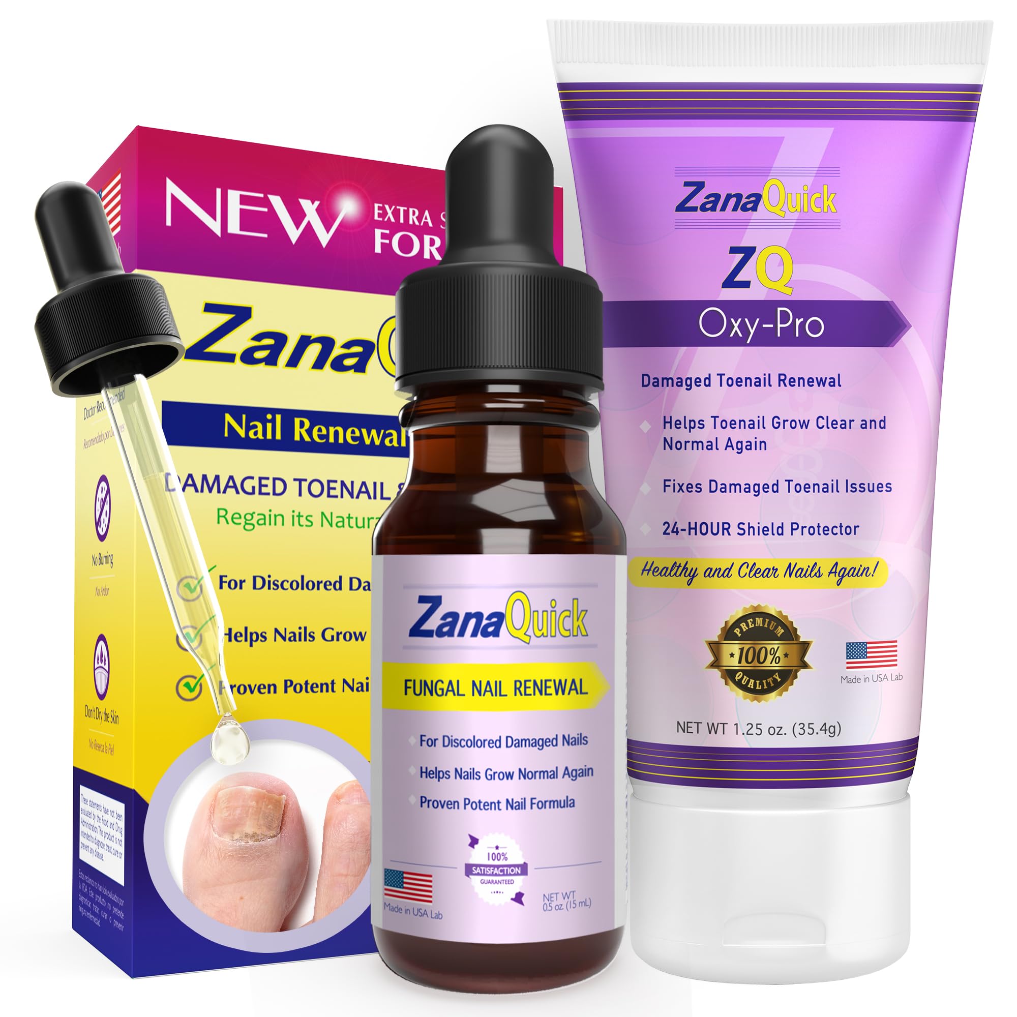 ZanaQuick 2 Step Toenail Fungus Treatment. Extra Strength Damaged Nail Solution. Nail Renewal Drops and Damaged Nail Disruptor -