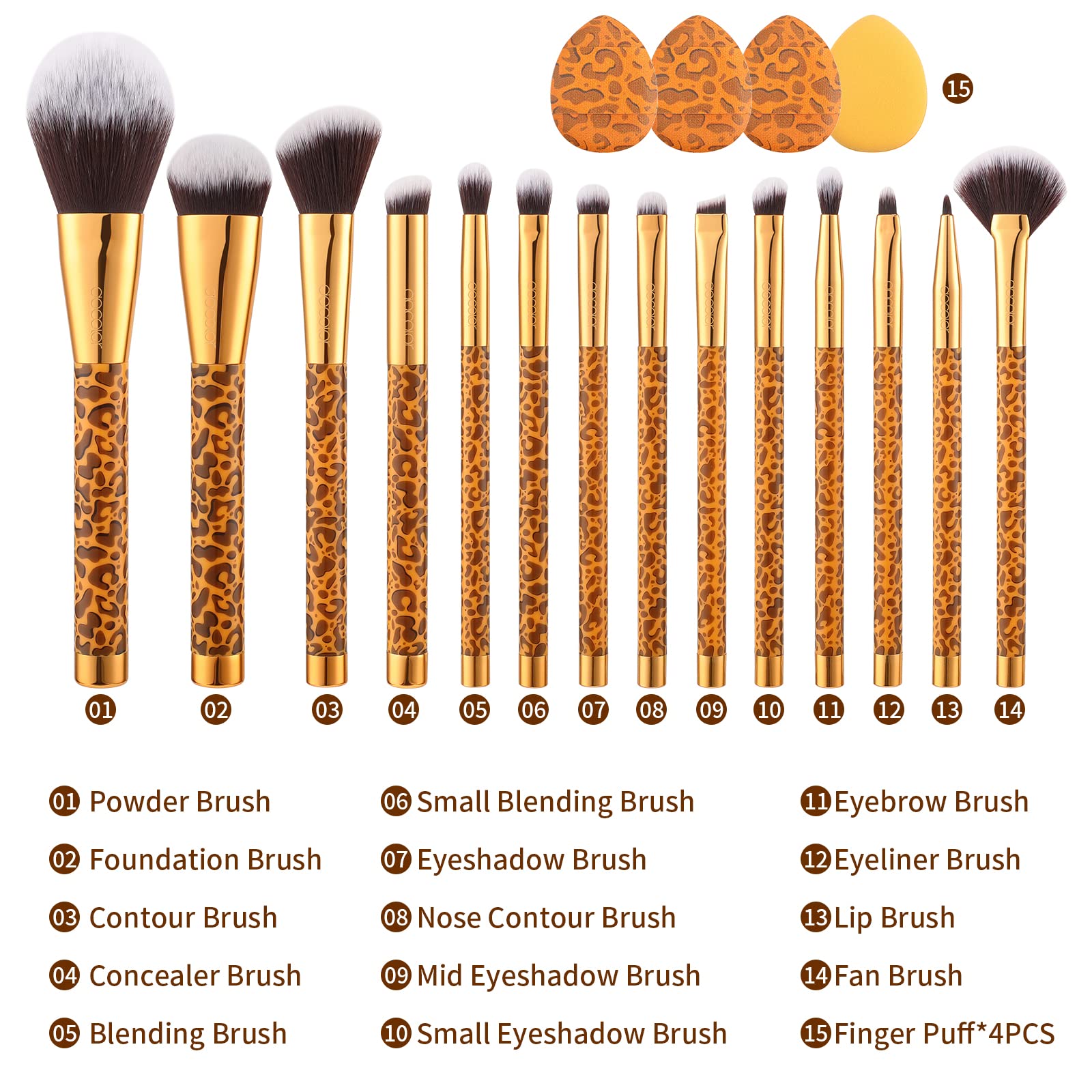 Docolor Makeup Brushes 14Pcs Leopard Makeup Brush Set With 4Pcs Makeup Puffs Premium Synthetic Powder Foundation Contour Blush C