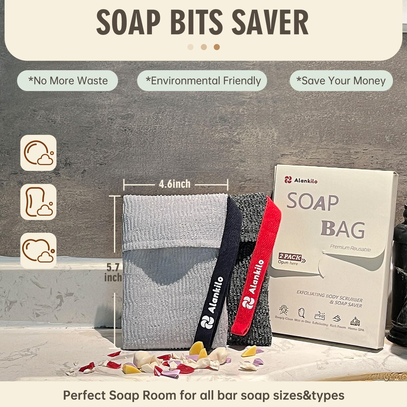 Alankilo 2 Pieces Soap Bags For Soap Bars, Exfoliating Soap Saver Bags, Foaming Bar Soap Pouches For Use In Baths Or Showers(Dar