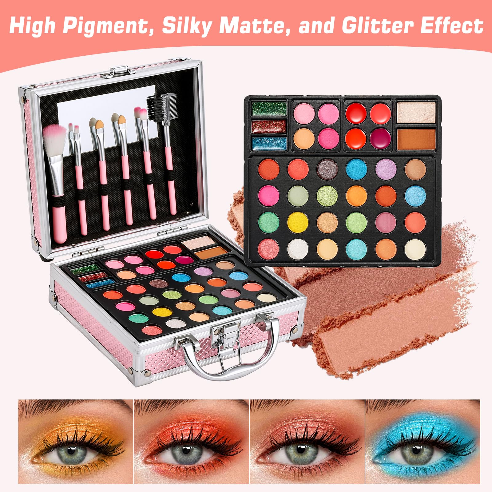 Anpro All-In-One Makeup Carry Case With Pro Teen Makeup Set, Full Starter Cosmetics Kit With Makeup Brushes, Eye Shadows Palette