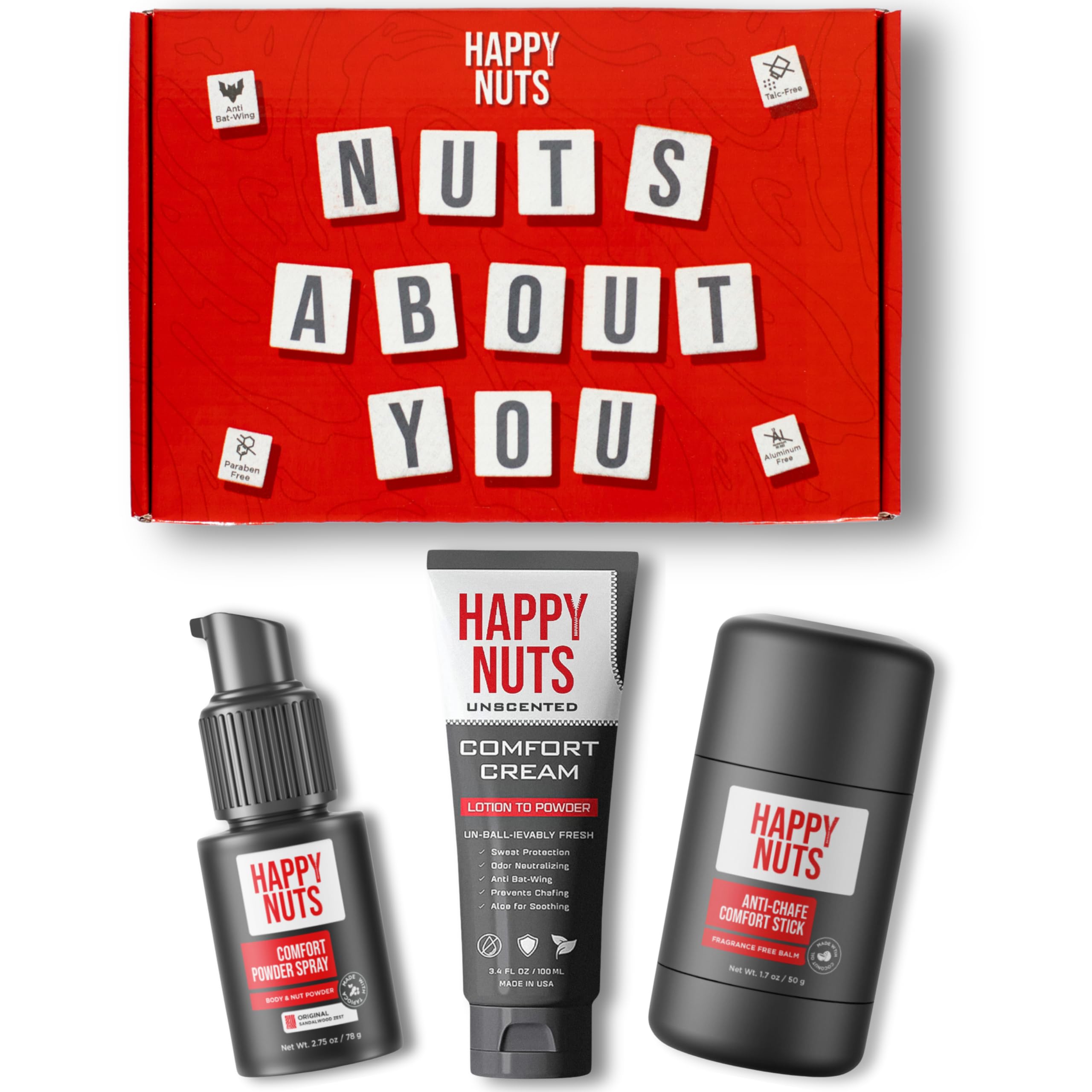 HAPPY NUTS - Nuts About You Anti Chafing Deodorant Essentials Bundle Kit - Gift Set for Men to Stay Fresh All Year Long (3 Pack)