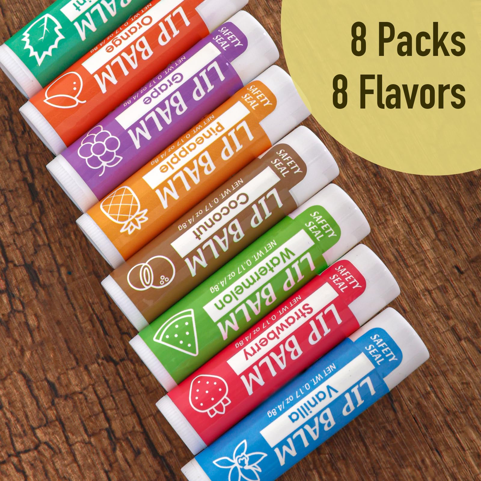 Yesbes Lip Balm, 8 Pack Natural Bulk With Vitamin E & Coconut Oil, Moisturizing Dry Cracked Lips Protection, 8 Flavors - Stockin
